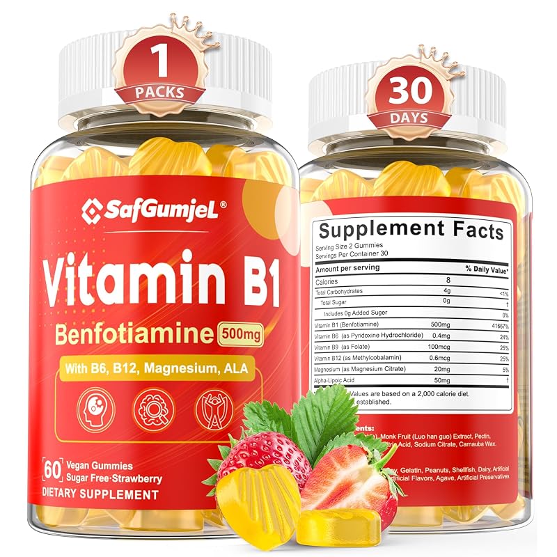 Safgumjel Gomas de vitamina B1 (benfotiamina), vitaminas B6, B9 e B12, magnésio e ácido alfa-lipoico 500 mg — 60 gomas