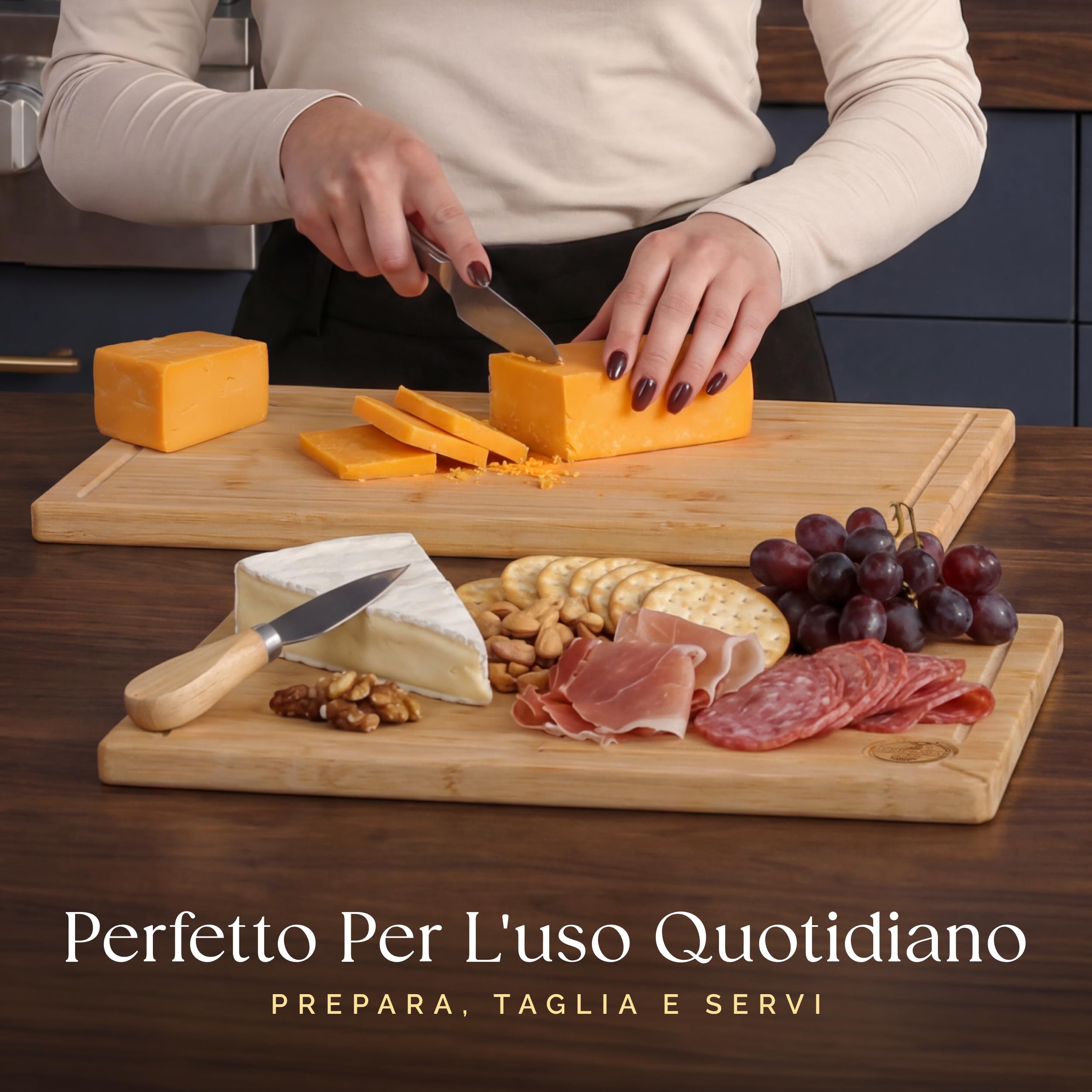 Deer & Oak Set di Tagliere in legno di alta qualità, 38 x 25 x 2 cm & 43 x 30 x 2 cm, in bambù, per intagliare carne o verdure, taglieri da cucina pre-oliato, trattato, legno attraente