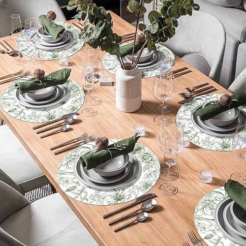 Miniatura 6 de Juego de 6 manteles individuales redondos de plástico chinoiserie de 13.4 pulgadas, lavables, de vinilo con flores verdes, para interiores y