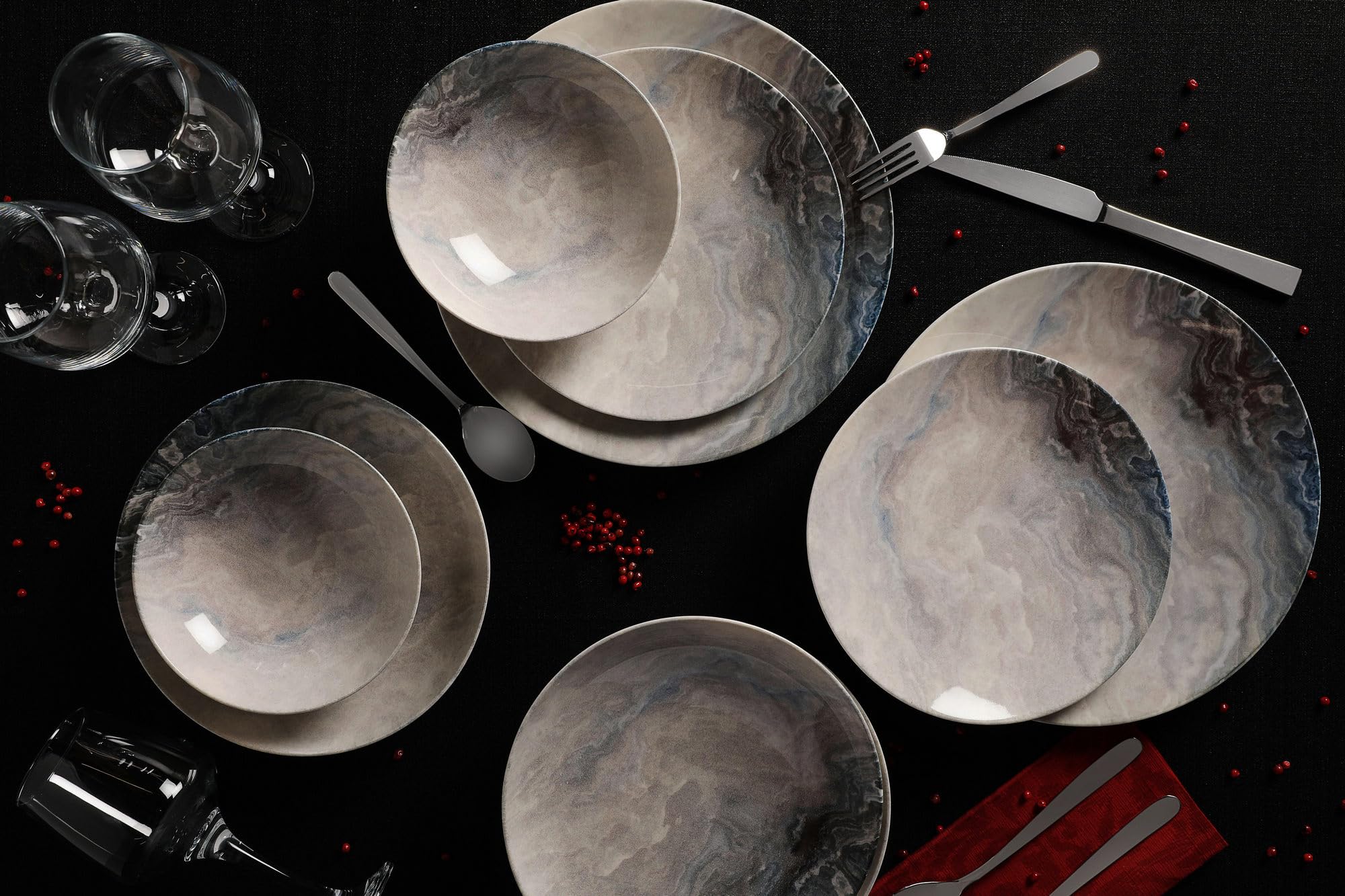 Elegante set da 24 pezzi, 100% Porcelain | Include piastre di servizio, ciotole e dessert | Lavastoviglie e Microwave Safe | Perfetto per ogni occasione