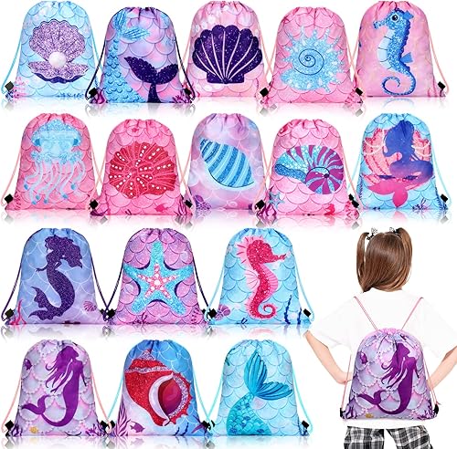 16 bolsas de regalo de fiesta de sirena, bolsas de regalo con cordón para fiesta de sirena, bolsas de regalo bajo el mar del océano, bolsas de