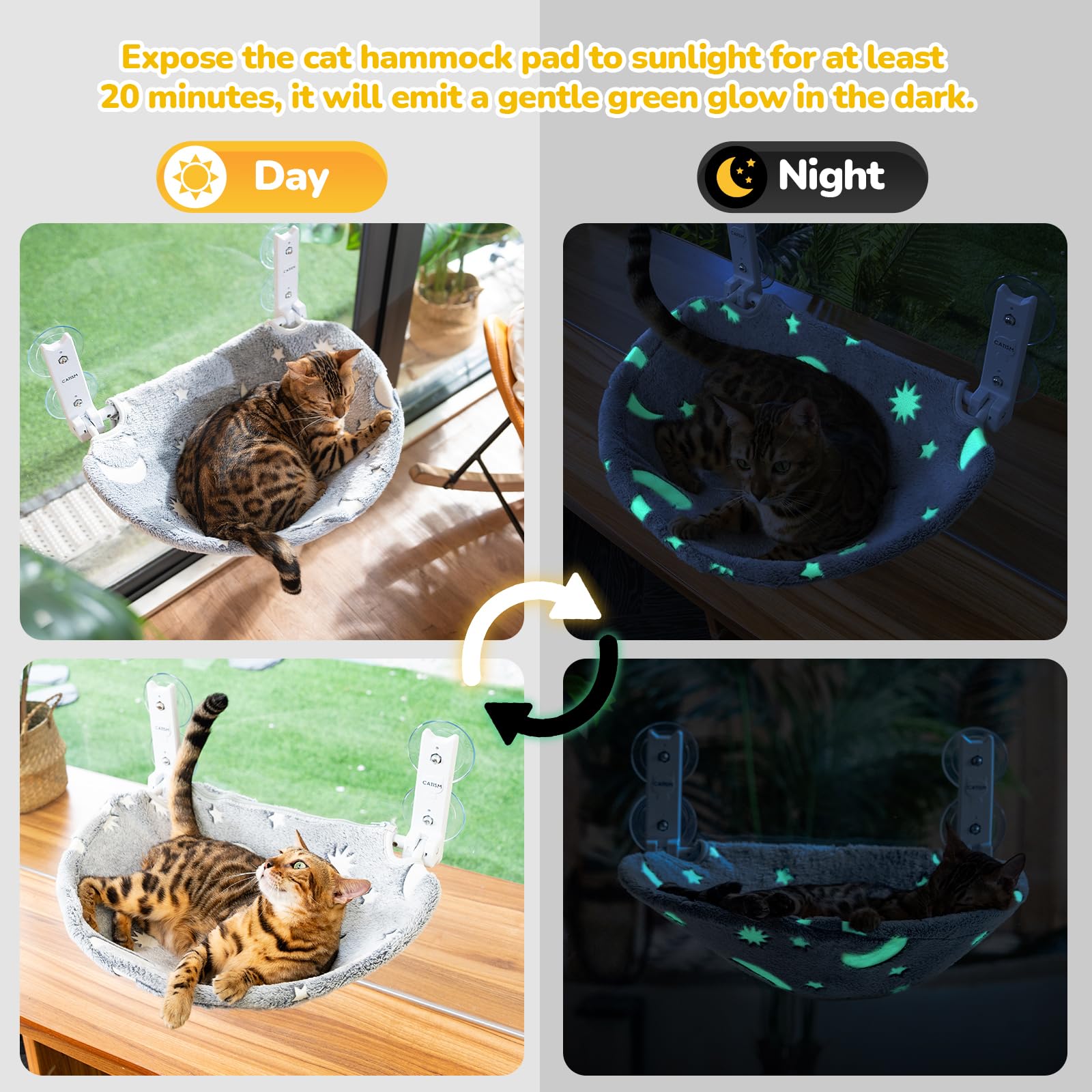 CATISM Faltbare Katzen Hängematte mit Leuchtende Sterne und Mond Bis zu 20kg, Katzen Fensterliege Fensterplätze mit Starken Saugnäpfen, Waschbarer Stoff, Leuchtende Katzenbett für Katze(50x36.5cm)