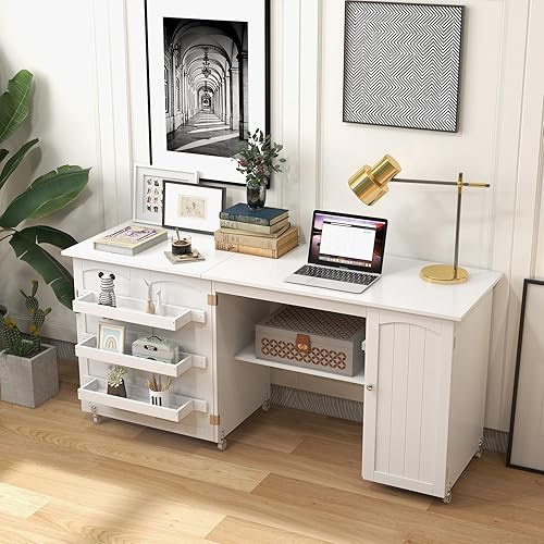 Miniatura 5 de COSTWAY Mesa para máquina de coser, mesa plegable de estación de manualidades de 62.5 x 20 pulgadas con ruedas bloqueables, estantes de