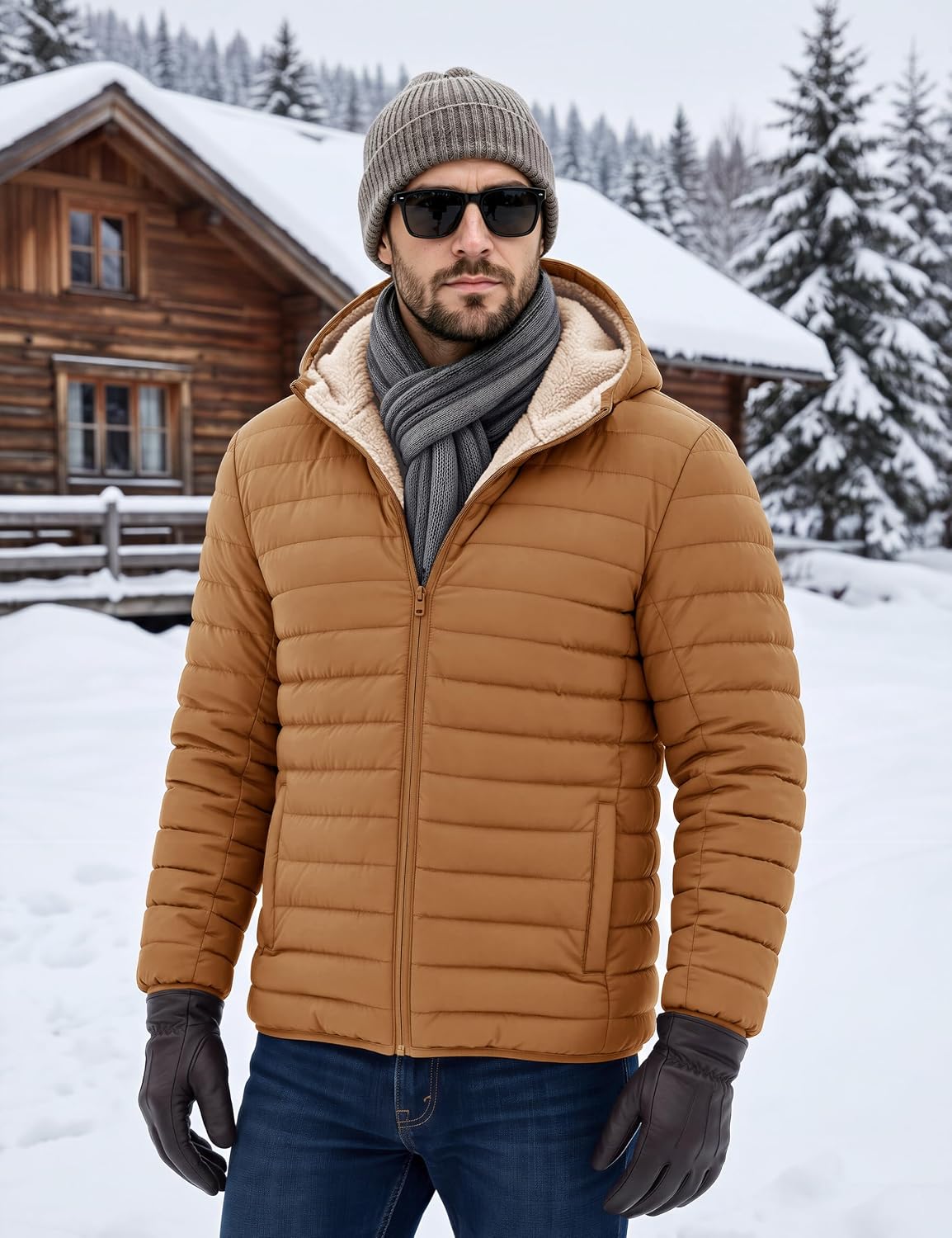 MAGCOMSEN Mens Puffer Jacket Hooded Sherpa Lined Winter Insulated Coat