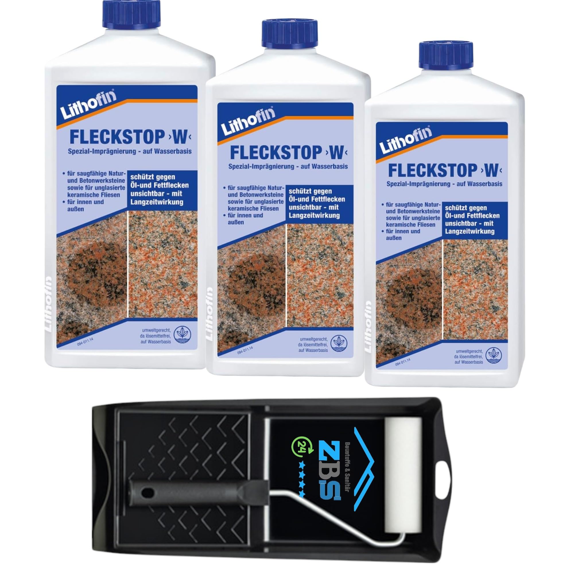 zbs24 Lithofin Fleckstop W Set lösemittelfreie Schutzimprägnierung für saugfähige Keramik, Betonwerksteinbeläge und Naturstein, mit Farbrollerset (3 Liter)