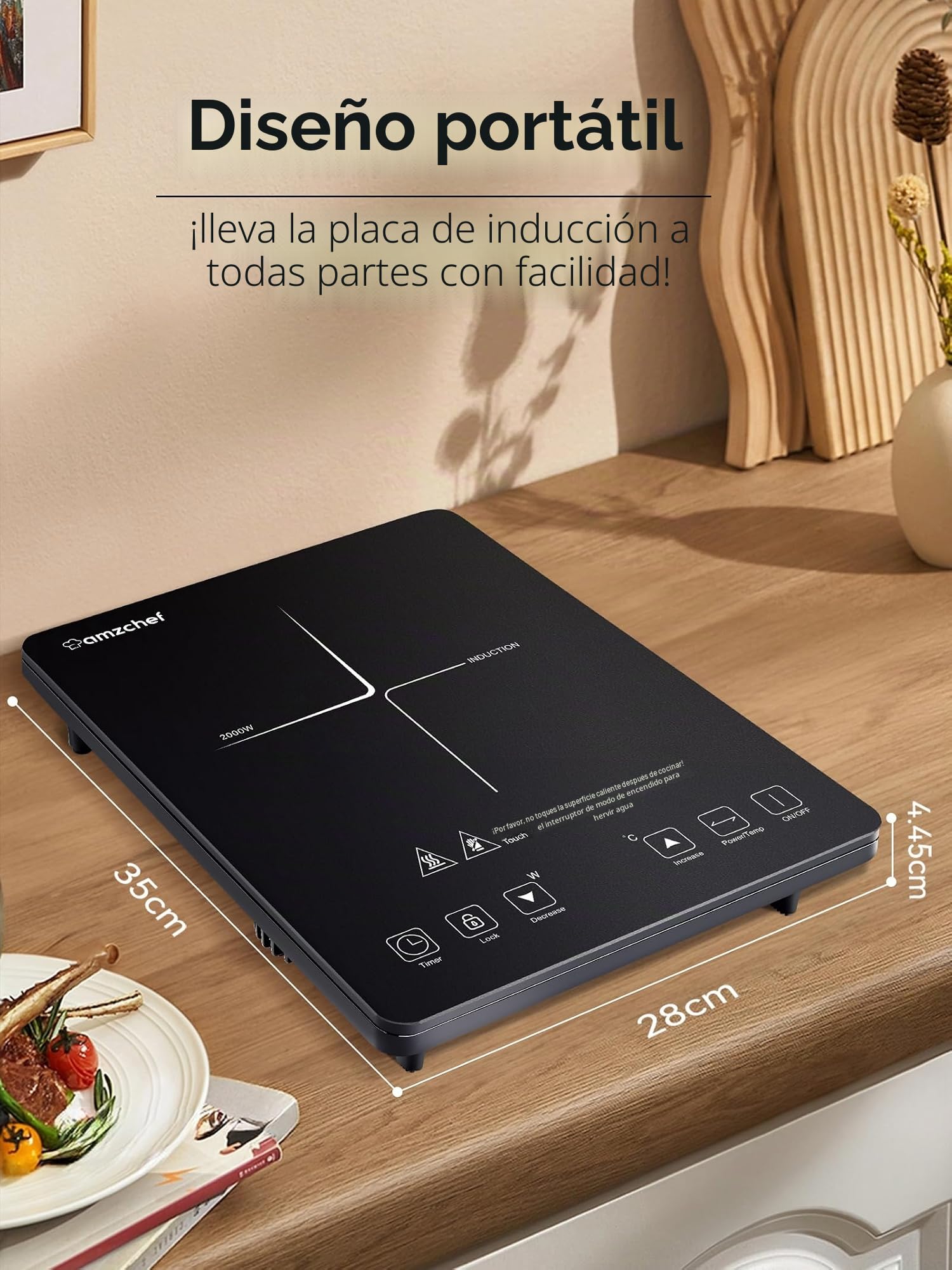 Placa Inducción Portatil AMZCHEF, placa de inducción de 2000 W con cuerpo delgado, 20 niveles de potencia, 20 configuraciones de temperatura, temporizador de 3 horas, negro