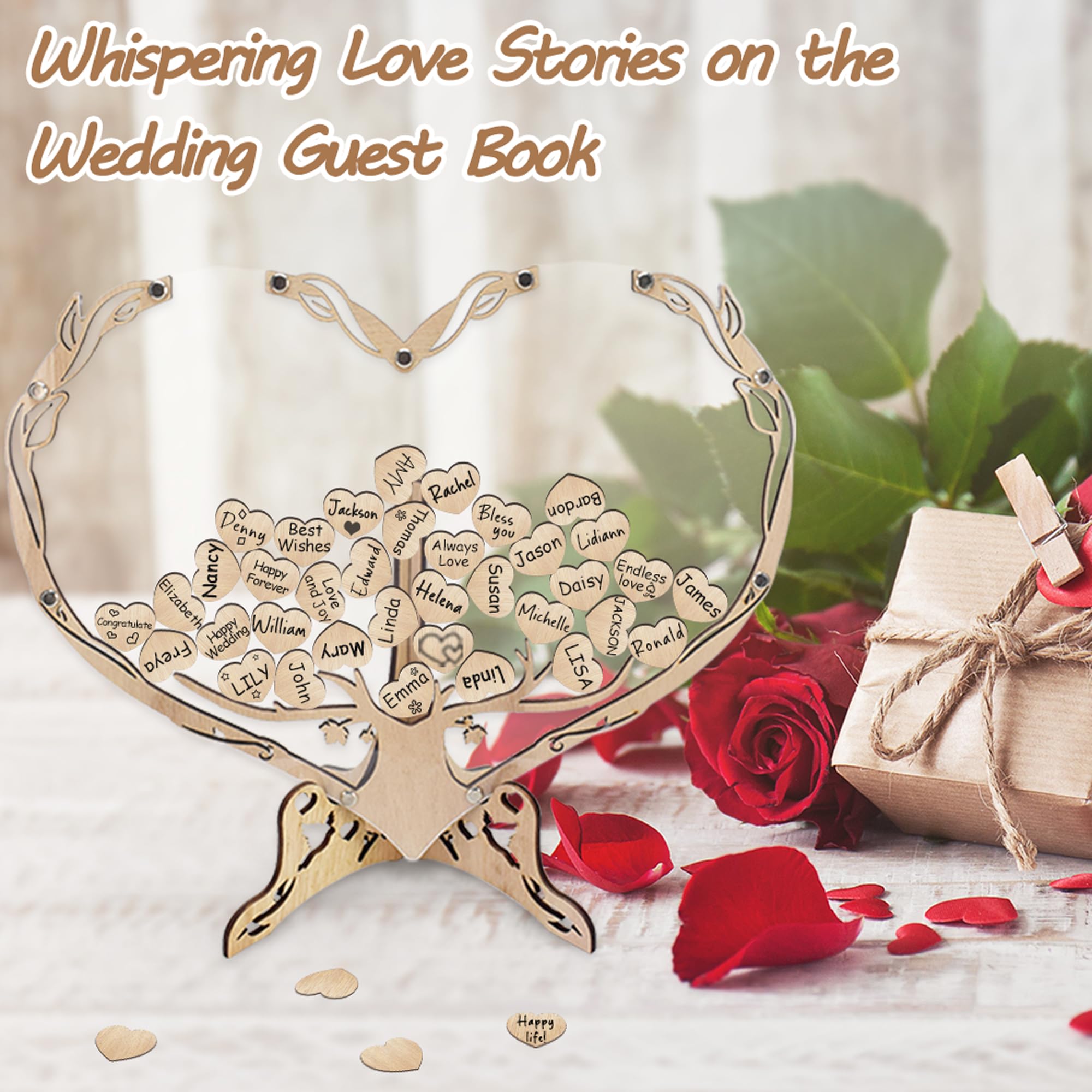 KWYADLUO Heart Wedding Guest Book Alternative, Rustic Wooden Tree of Life Wedding Guest Book Drop Box with Picture Frame, Wedding Decorations, Wedding Gift, Valentine Gift