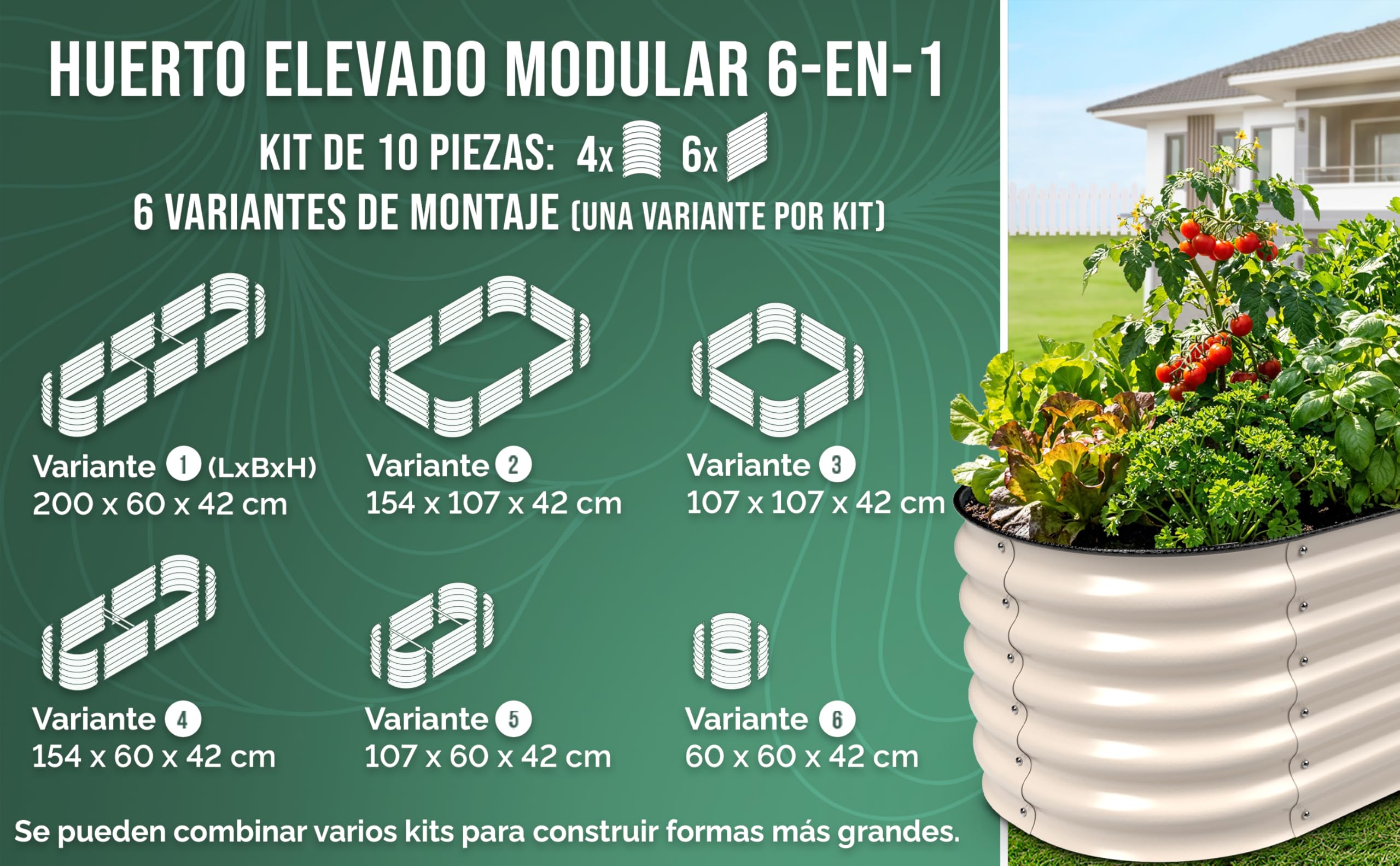 HOFGARTEN 200x60x42 cm Huerto Elevado Modular 6 en 1 de jardín, bancal Elevado de Metal con Base Abierta para Colocar sobre la Tierra, protección anticorrosión y Alta Estabilidad (Beige)