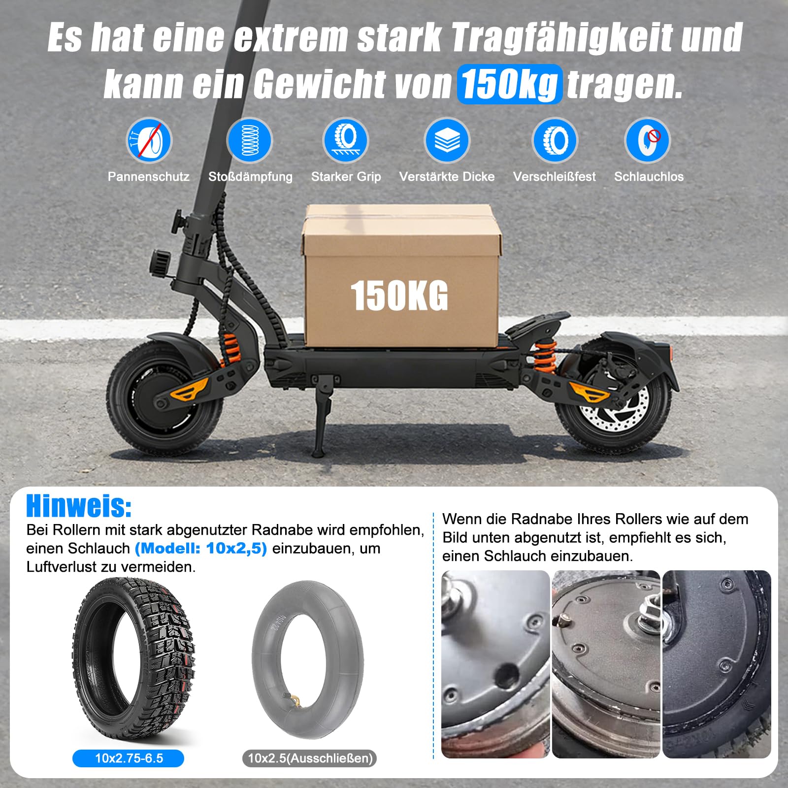 2 Pcs 10x2,75-6,5 Tubeless Reifen, 10 Zoll Scooter Reifen für Kukirin G2/G3/G2 Ultra/M4 Max/A1 Ersatzreifen, Vorne/Hinten Roller Verdicktreifen, Rutschfest und Durchstoßfest