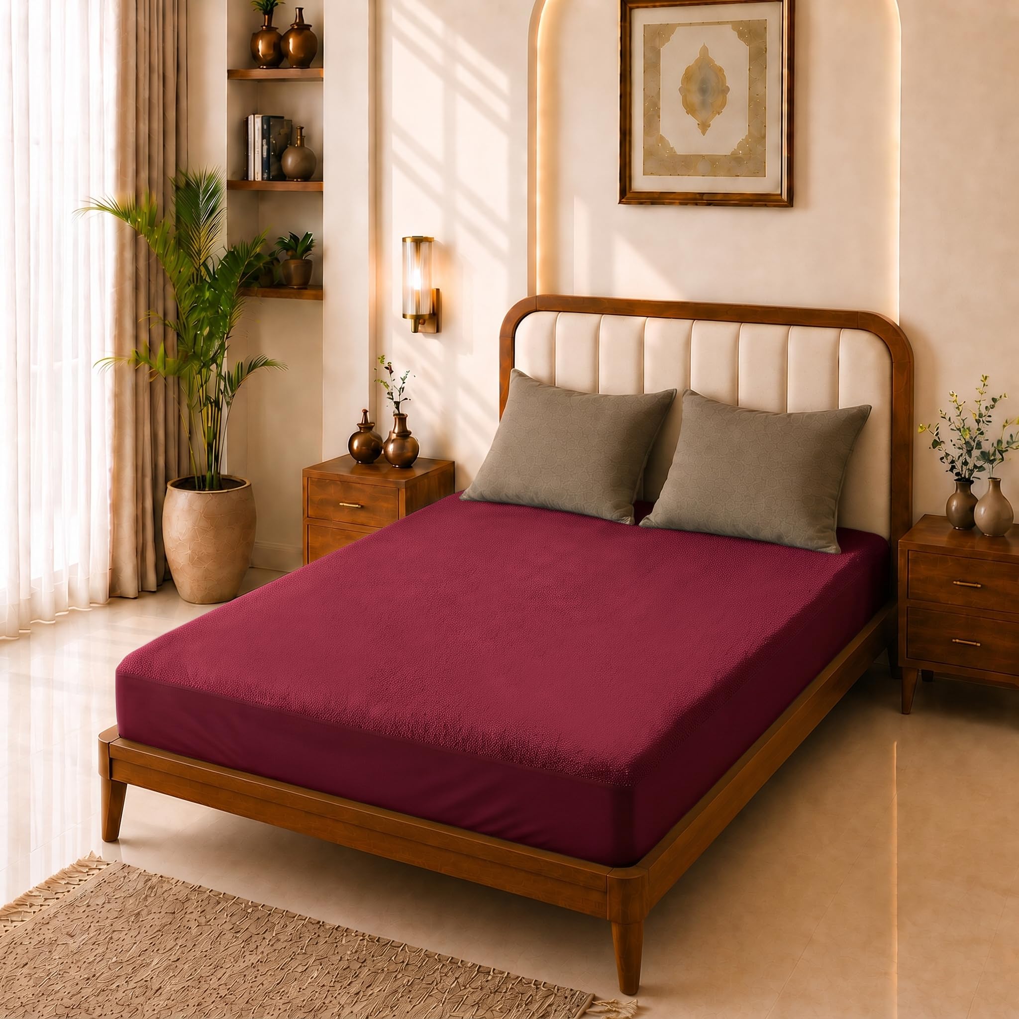 Glassiano Cotts Wonder Poly Lycra Waterproof Fitted Mattress Protector|Breathable - Hypoallergenic Mattresses Cover with Elastic Strap for Queen Bed (75x60 inch|6.2x5 feet, Maroon - Pack of 1)-picture-26