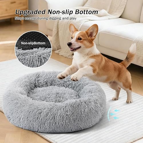 Miniatura 3 de NOYAL Cama calmante en forma de dona para perros y gatos pequeños a medianos. Cama para mascotas de pelo sintético de felpa antiansiedad con funda