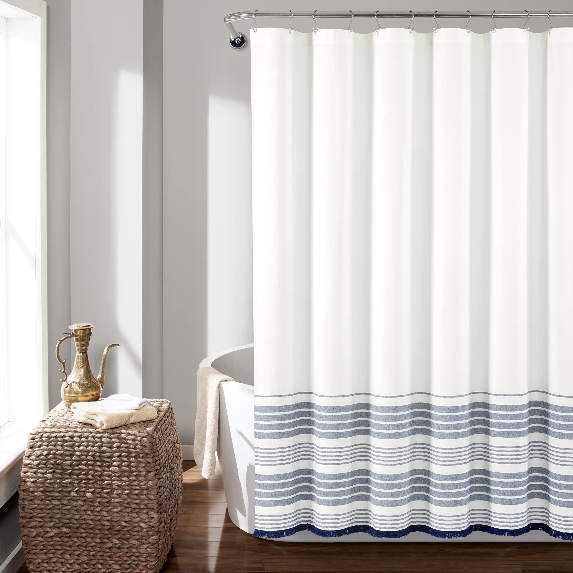 Lush Decor Nantucket Yarn Dyed Cotton Tassel Fringe Shower Curtain, 72" x 72", White & Navy