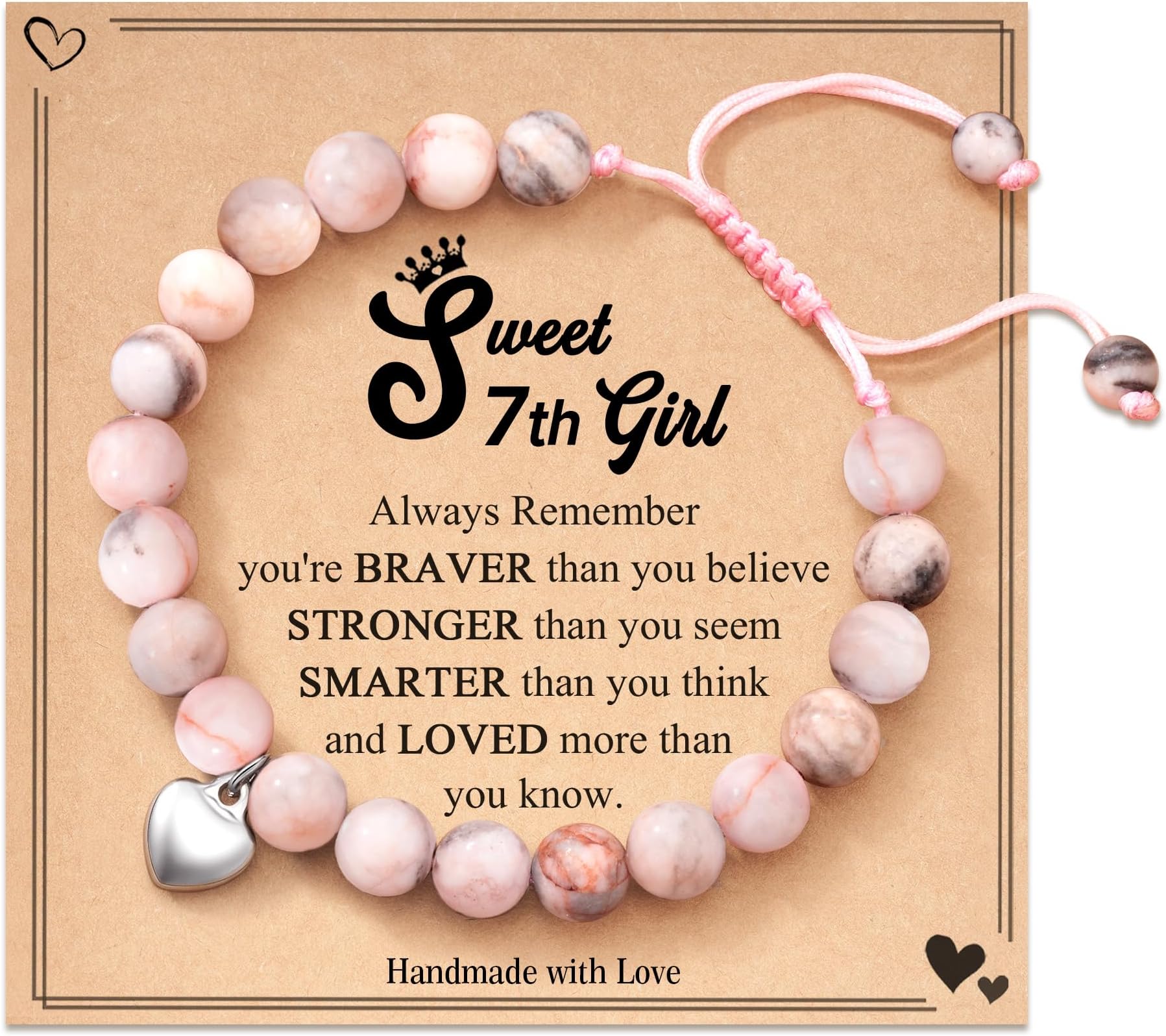 FYUKISS 12 Year Old Girl Gifts, Pink Zebra Natural Stone Bracelet with Sweet Heart Charm for Daughter/Granddaughter/Niece
