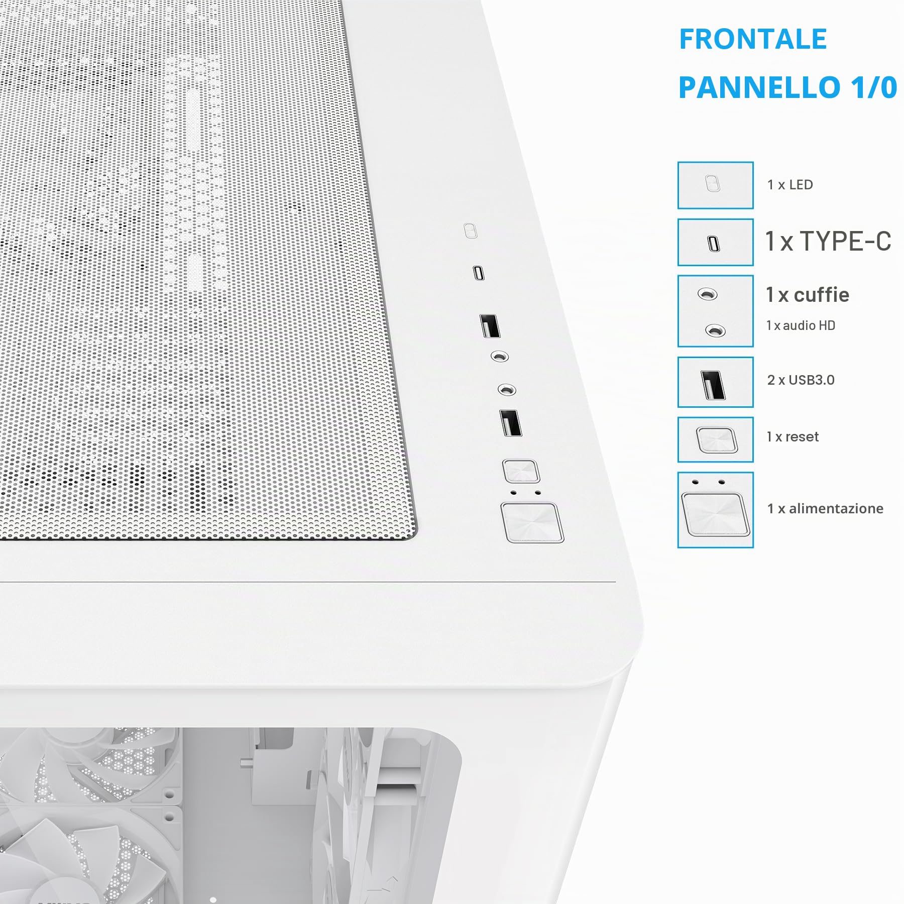 Case PC Mid Tower SAMA V60, Vetro Curvo, 7 Ventole ARGB, USB-C, Bianco | Case PC Gaming ATX ad Alto Flusso d'Aria, Compatibile Back-Connect, Supporto AIO 360mm