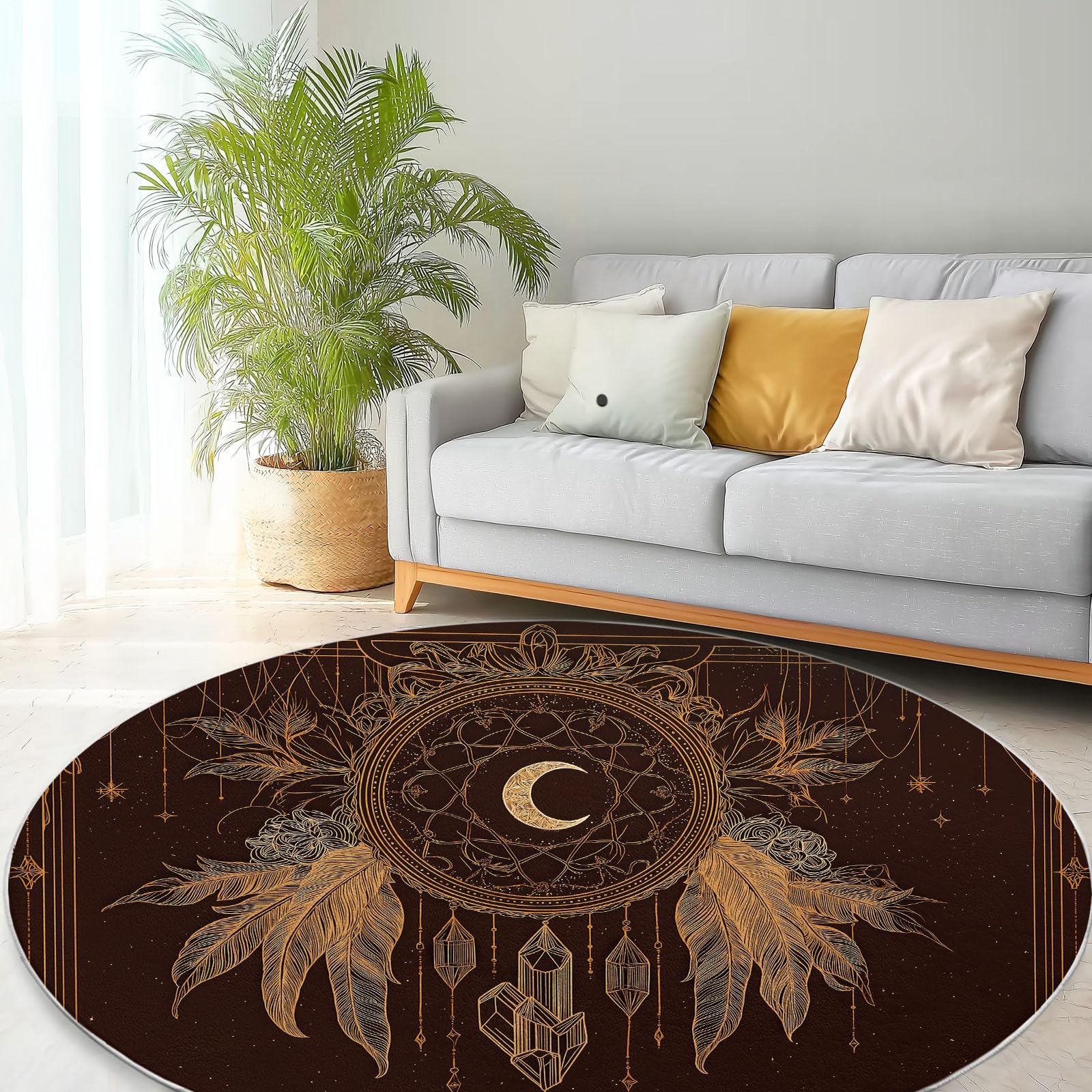 Tapis Salon Rond 150 cm Tapis Rond Cristal Lune Et Attrape-Rêves Dessinés À La Main, Moquette Ronds Lavable Noir - pour Chambre et Salle à Manger Doux Antidérapant Anti-peluche Runner de Couloir