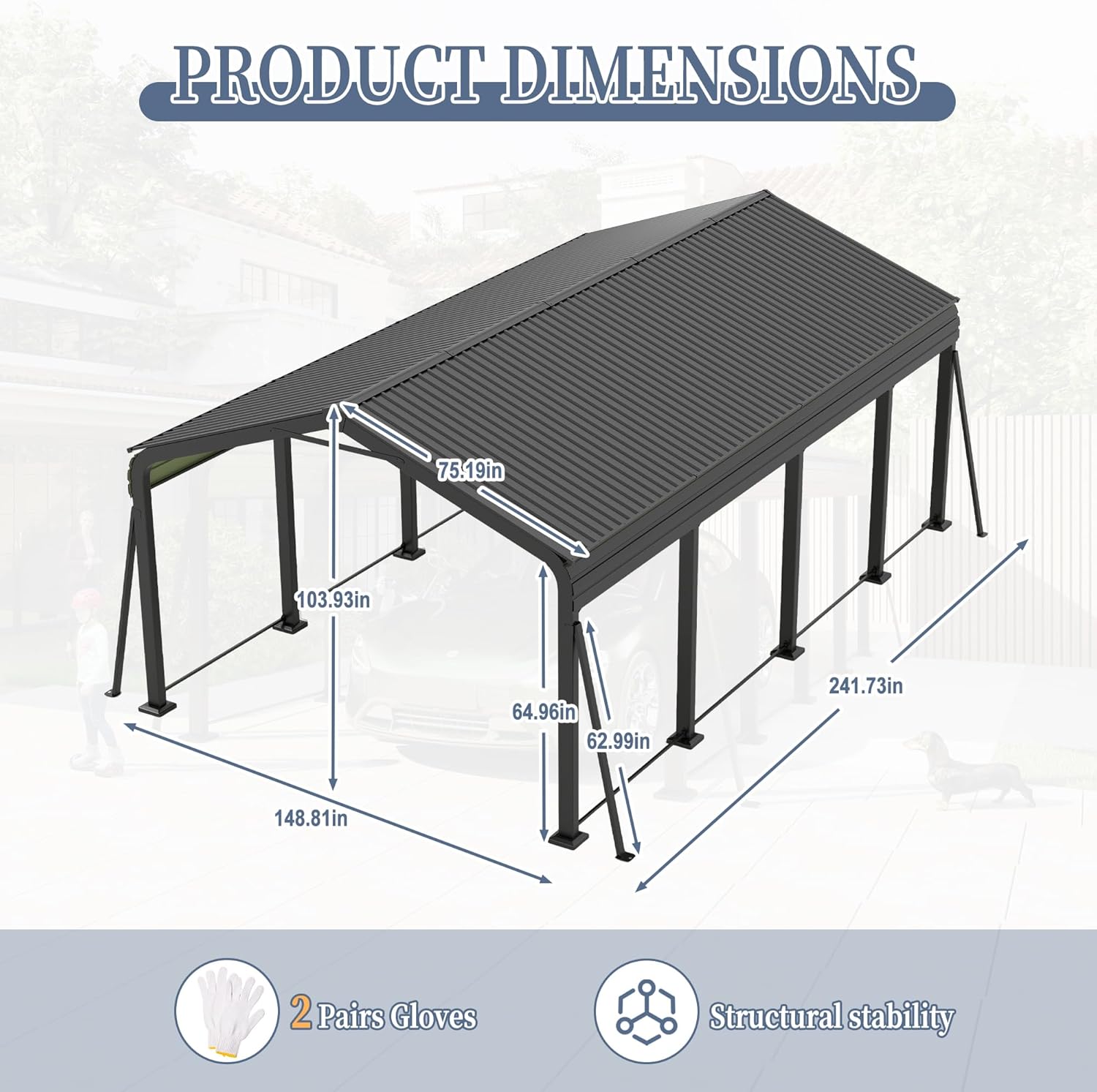 Diagram showing the product dimensions of the ANTSKU metal carport, including length, width, and height measurements.