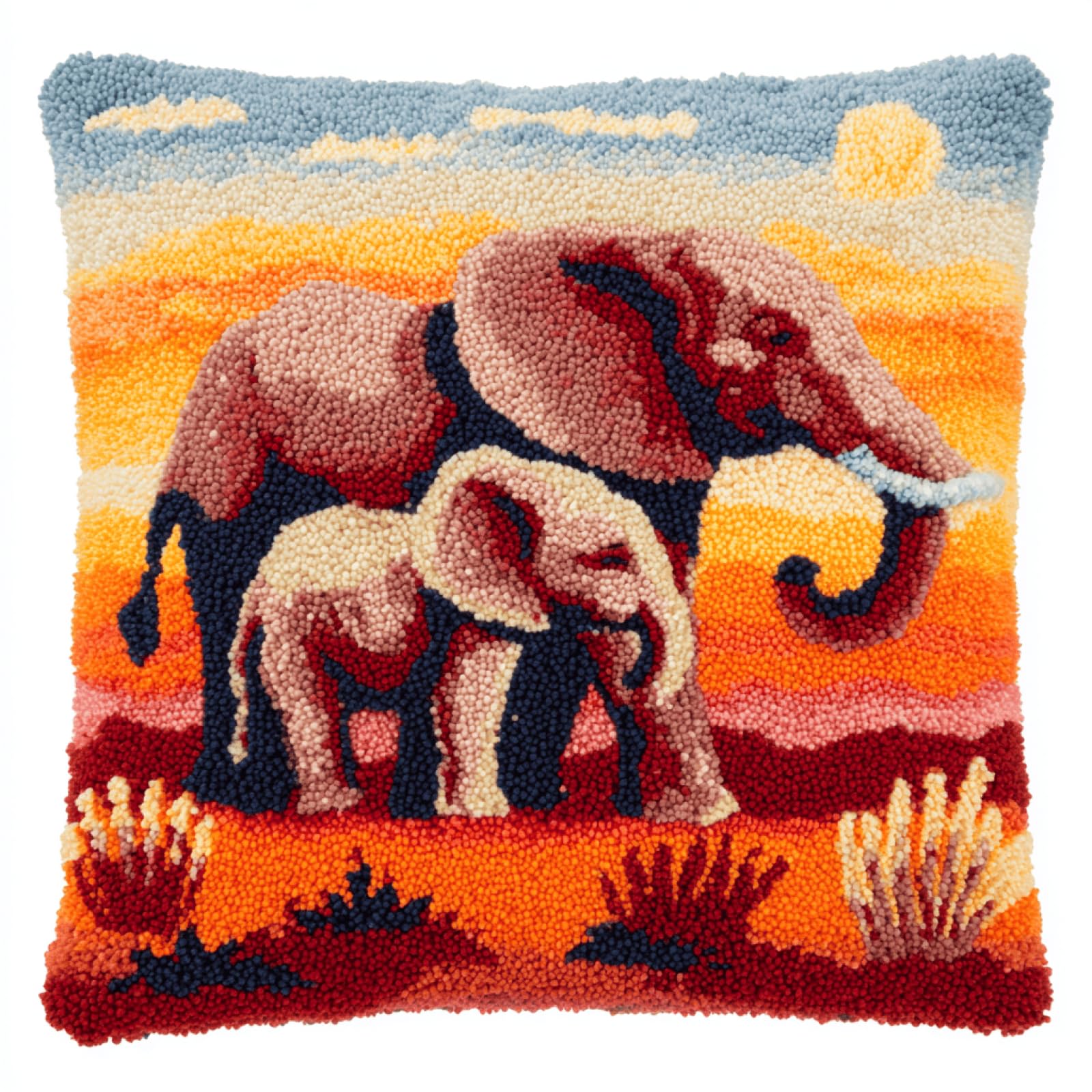 kitphoenix Latch Hook Cushion Making Kit 43x43 cm,African Elephant,DIY Embroidery Cushion Craft Kit with Colour Printed Canvas,Pre-Cut Yarn,Crochet Hook and Instructions for Beginners and Adults