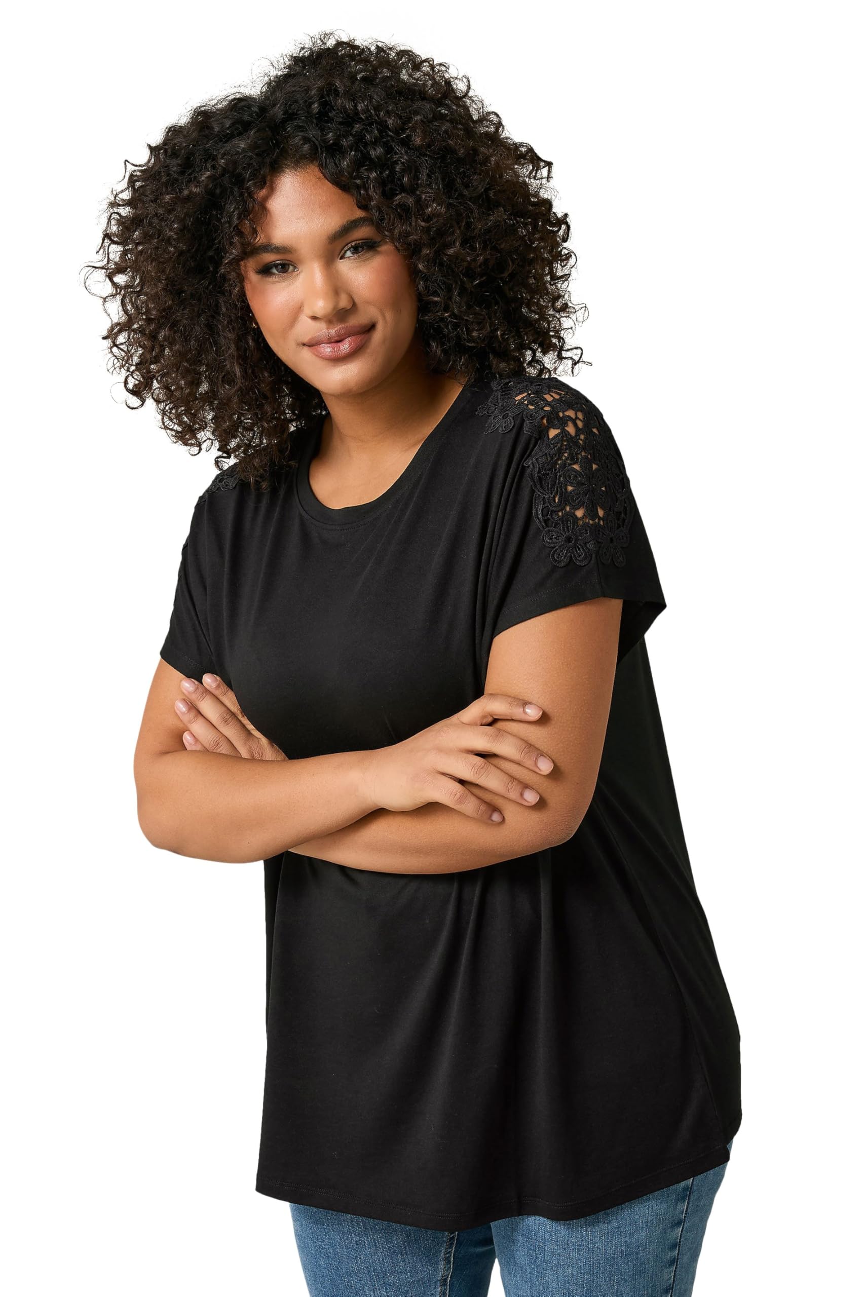 EVANS Curve Crochet Shoulder Modal Rich T-Shirt - Women's - Plus Size Curve Black