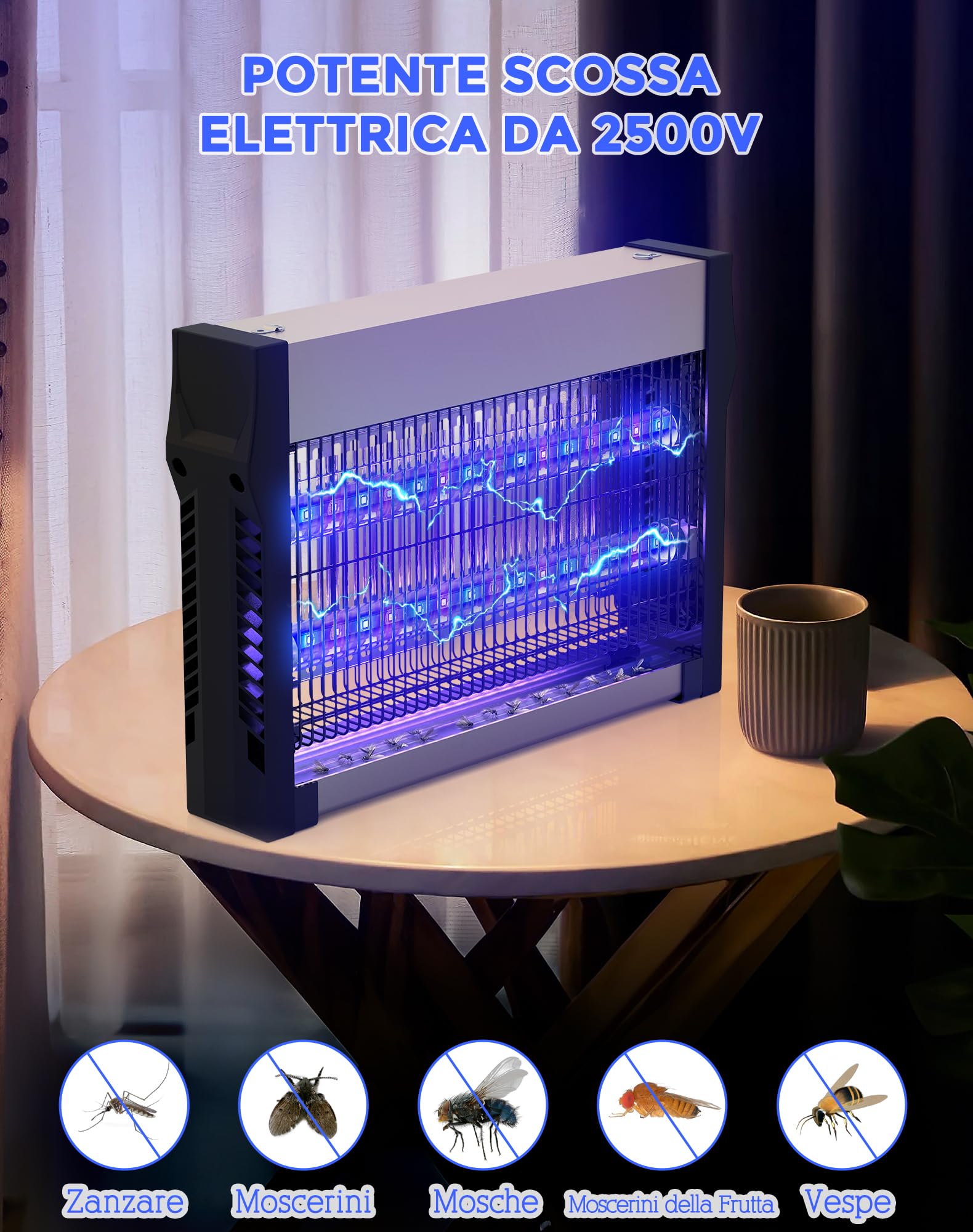 Lampada Antizanzare Elettrica 2500 V, Zanzariera Elettrica da Interno con Tubi LED, Doppia Attrazione UV, Superficie Coperta 80 m², Ammazza Zanzare e Insetti per Casa, Cucina e Terrazza