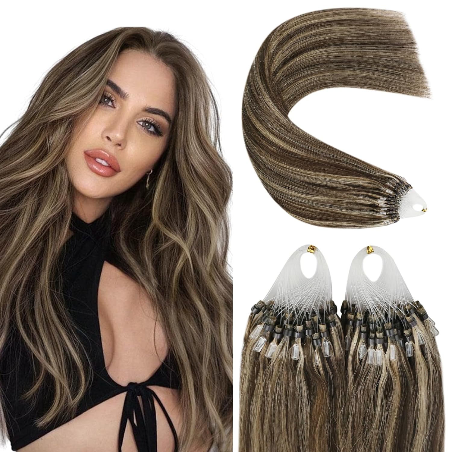 Micro Hair Extensions Human Hair Brown Highlights 24 inch,Micro Beaded Hair