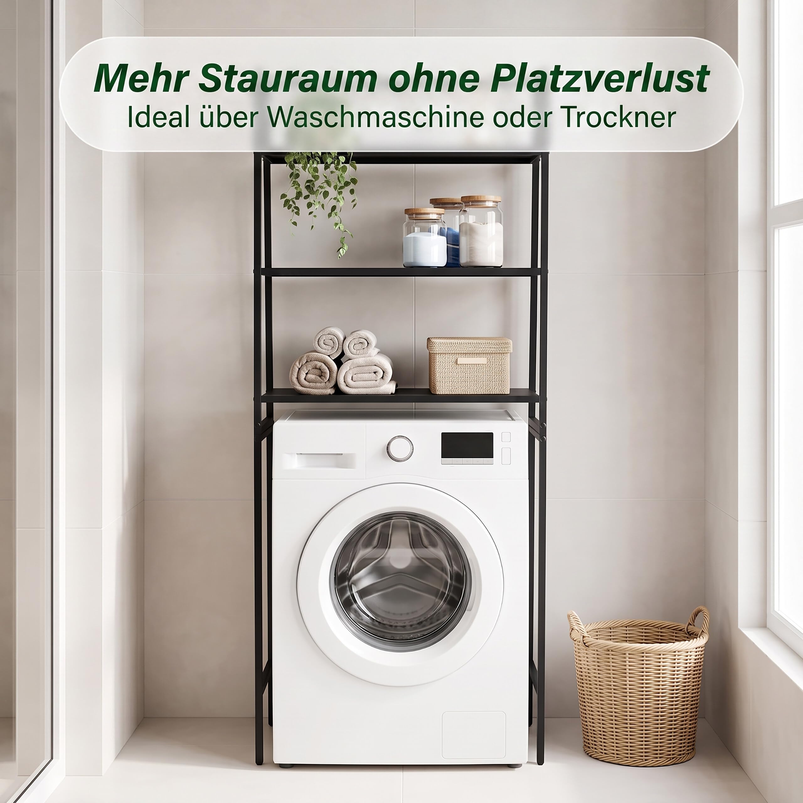 Relaxdays Waschmaschinenregal 3 Ablagen, Regal über Waschmaschine, schwarz