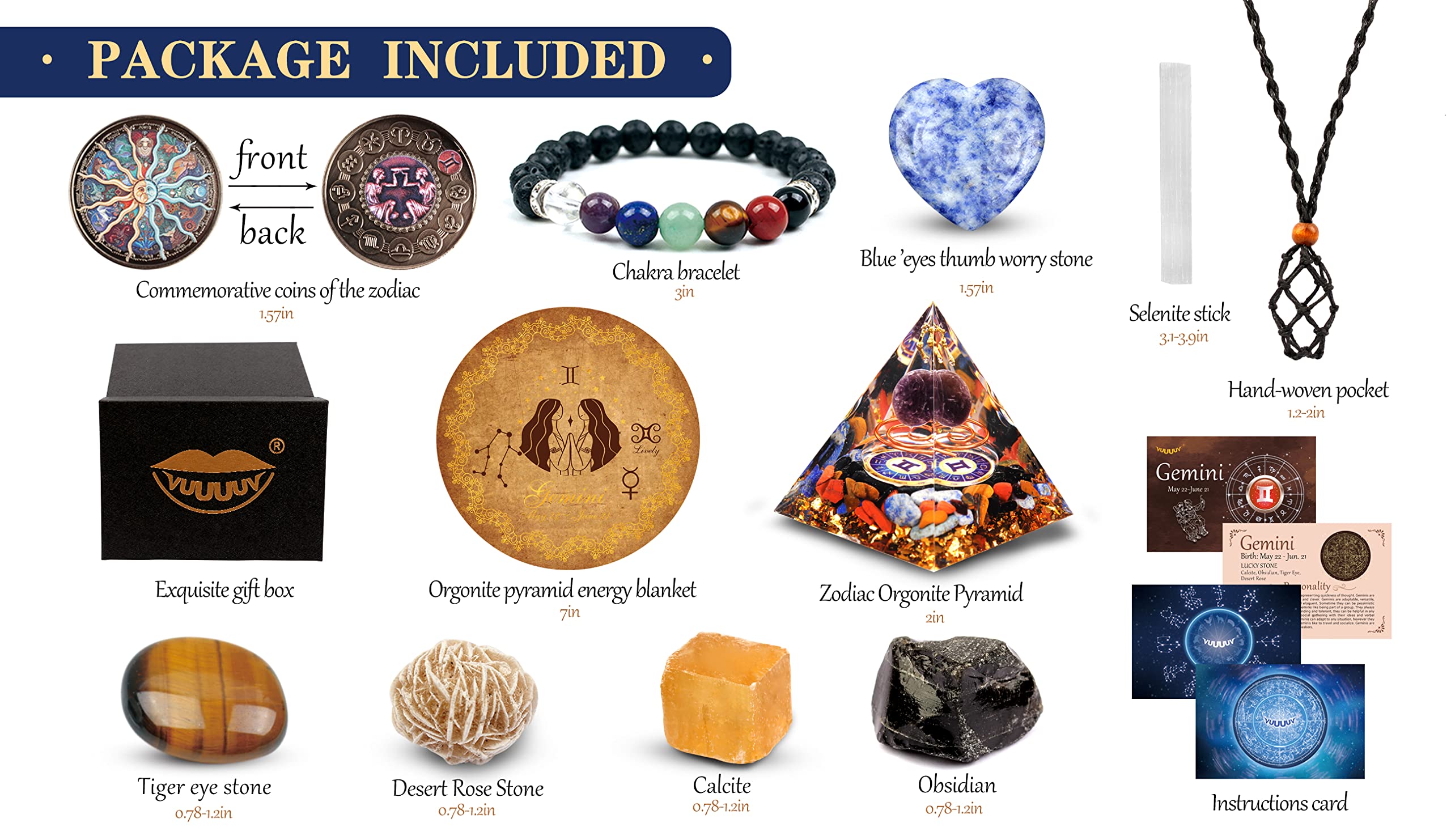 Horóscopo Orgone Pirámide ，Gemini Cristal Curativo Set de Regalo ，Zodiac Signo Piedras a Companion Birthstone, para la Astrología ，Reiki，Energy, Meditación