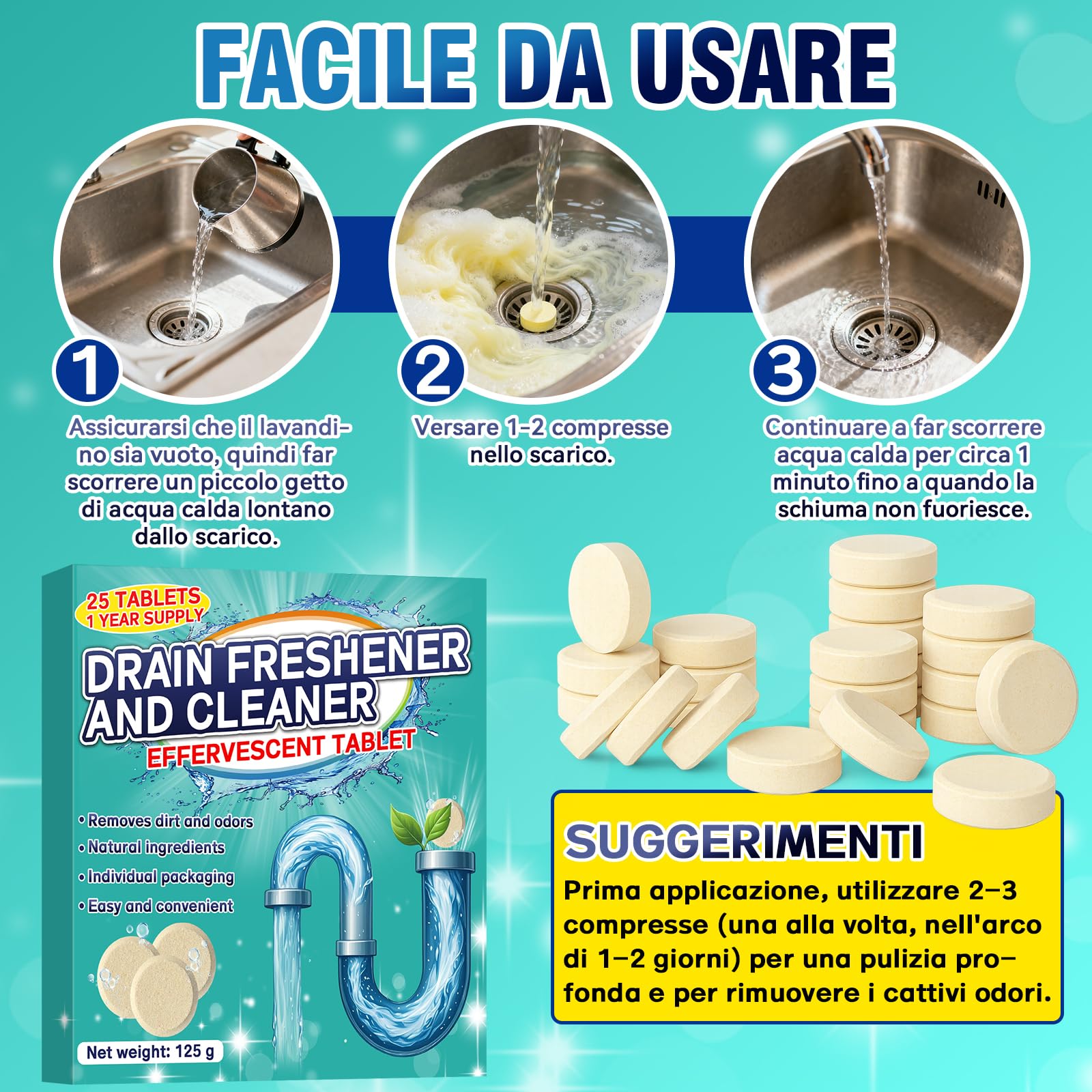 Pastiglie per la Pulizia degli Scarichi Maleodoranti – 25 Compresse Effervescenti – Elimina Cattivi Odori da Lavandino, WC, Doccia e Cucina – Adatte per Tubature PVC, Acciaio e Fosse Settiche