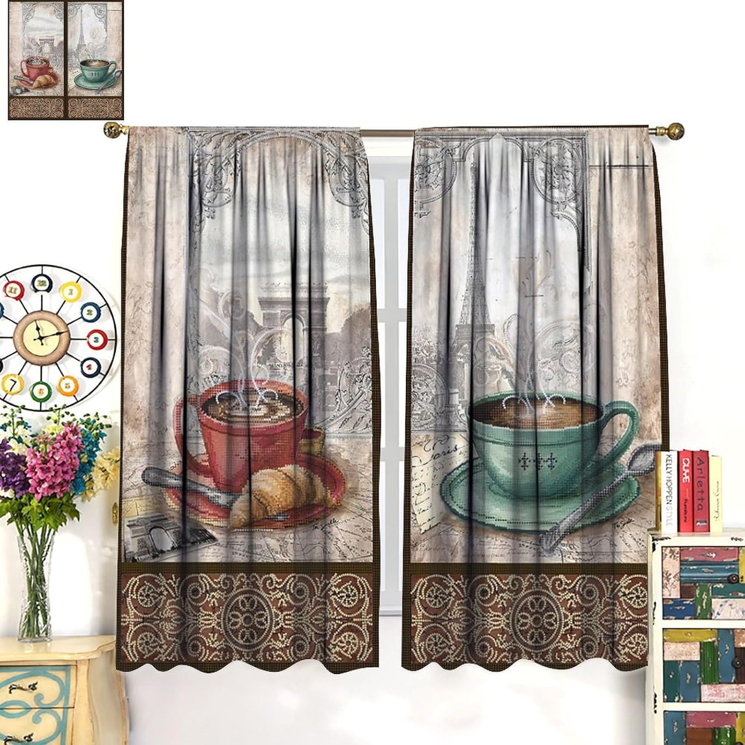 Coffee Kitchen Curtains Retro Paris Afternoon Tea Farmhouse Coffee Cups Window Treatment for Living Room Kitchen Cafe Rod Pocket Blackout Decor Window Drapes 42x45in