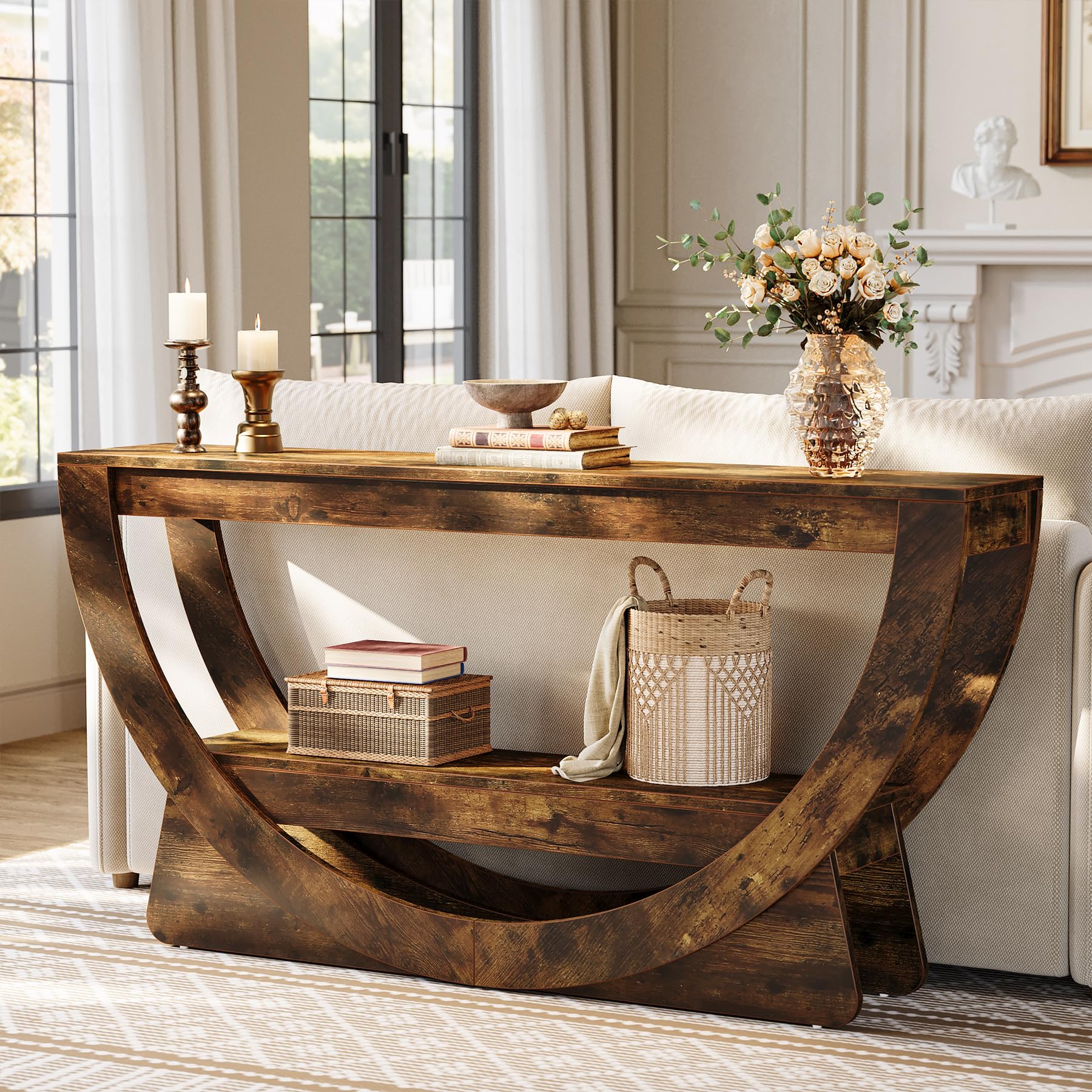 Tribesigns Table Console 160 cm, Industrielle Table d'entrée à Deux Fermier avec étagères de Rangement, Table d'appoint en Bois pour Couloir, Salon, entrée, Hall (Brun foncé)