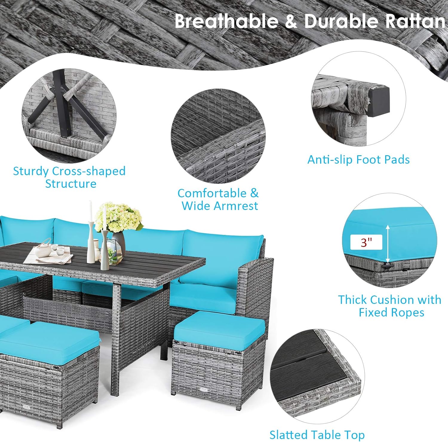 COSTWAY 7 PCS Wicker Outdoor Conversation Set, Patio Sectional Furniture Sofa Set with Table & Seat Cushions, Rattan Furniture Sets for Backyard Garden Poolside Porch, Turquoise