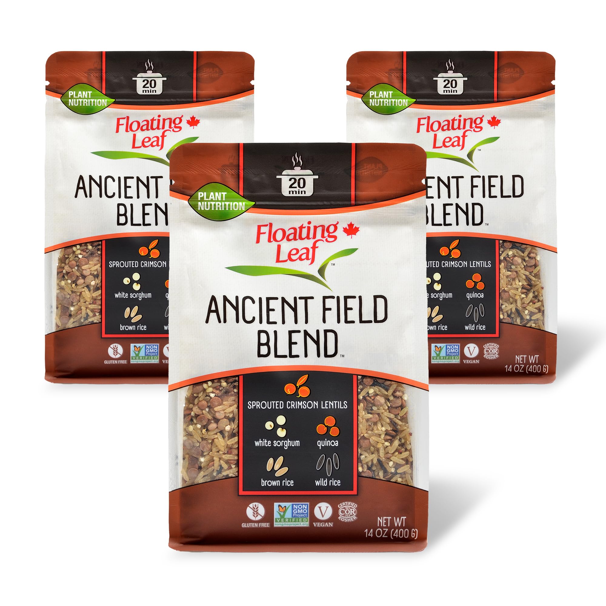 3 Packs x 14 ounces Ancient Field Blend, Wild Rice Blend with Sprouted Crimson Lentils, White Sorghum Grain, Quinoa and Brown Rice, Non Gluten, Non-Gmo, Kosher and Vegan - Floating Leaf