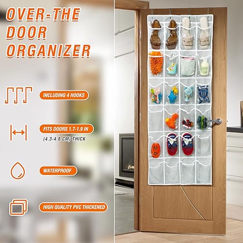 Miniatura 3 de Organizador de zapatos colgante de 24 bolsillos para colgar sobre la puerta, soporte de almacenamiento colgante que ahorra espacio, gris, (56 x 22.5