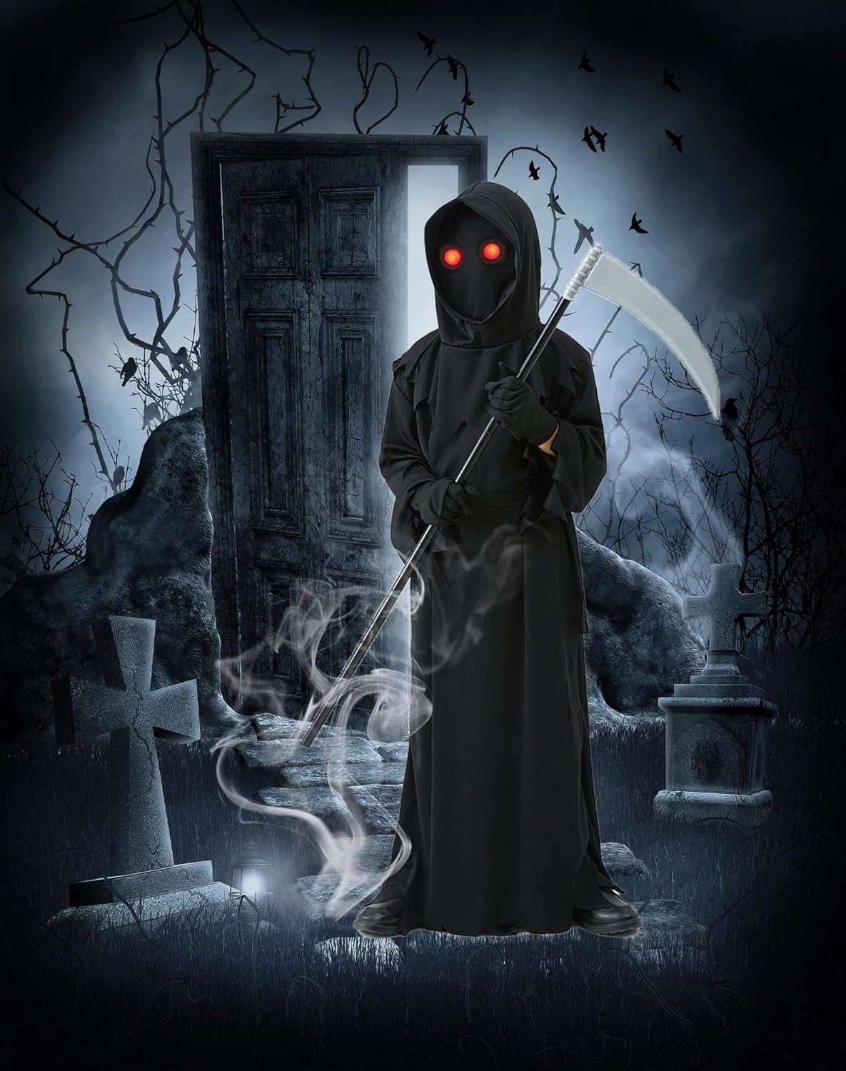 6 Pcs Halloween Grim Reaper Costume Kids Dark Knight Glowing Eyes Reaper Phantom Outfit - Image 3