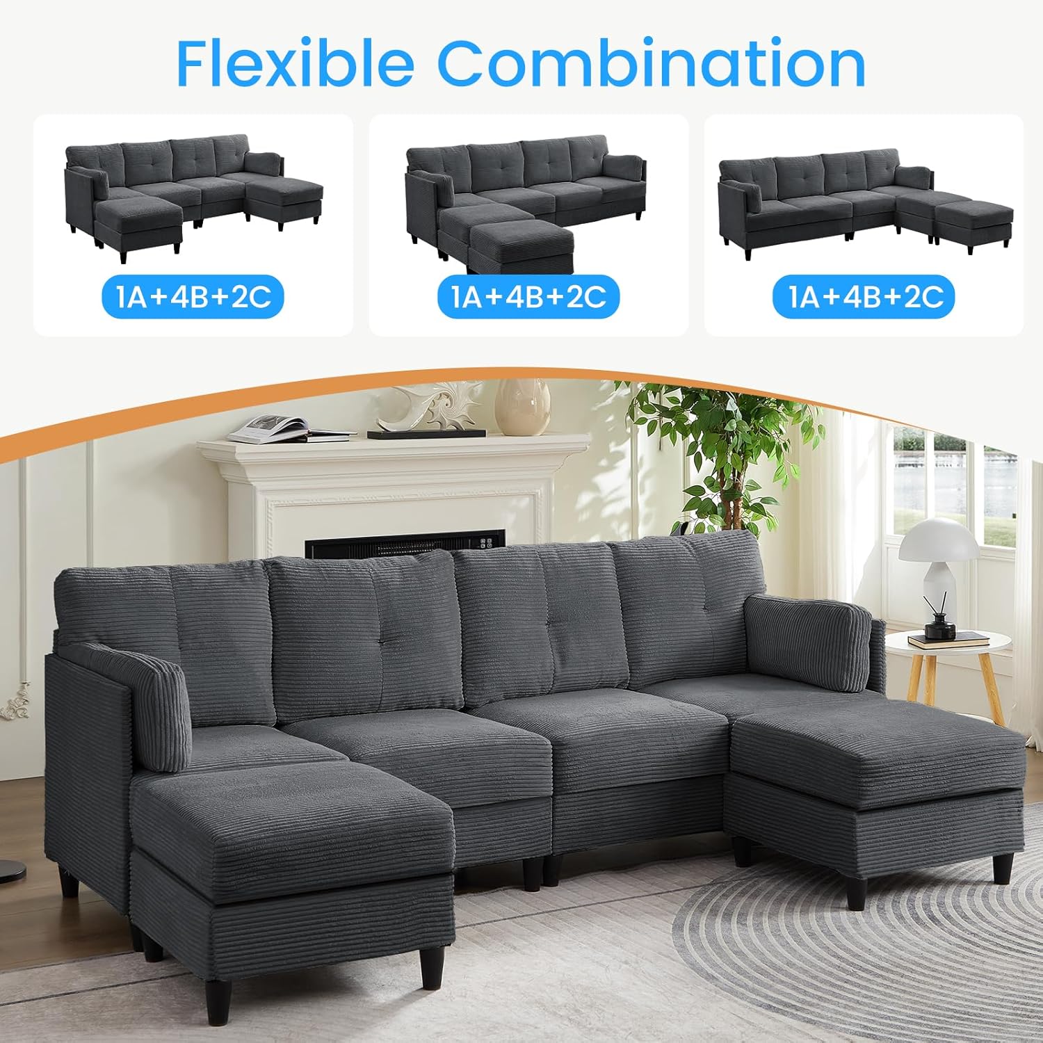 Diagram showing flexible combination options for the sectional couch