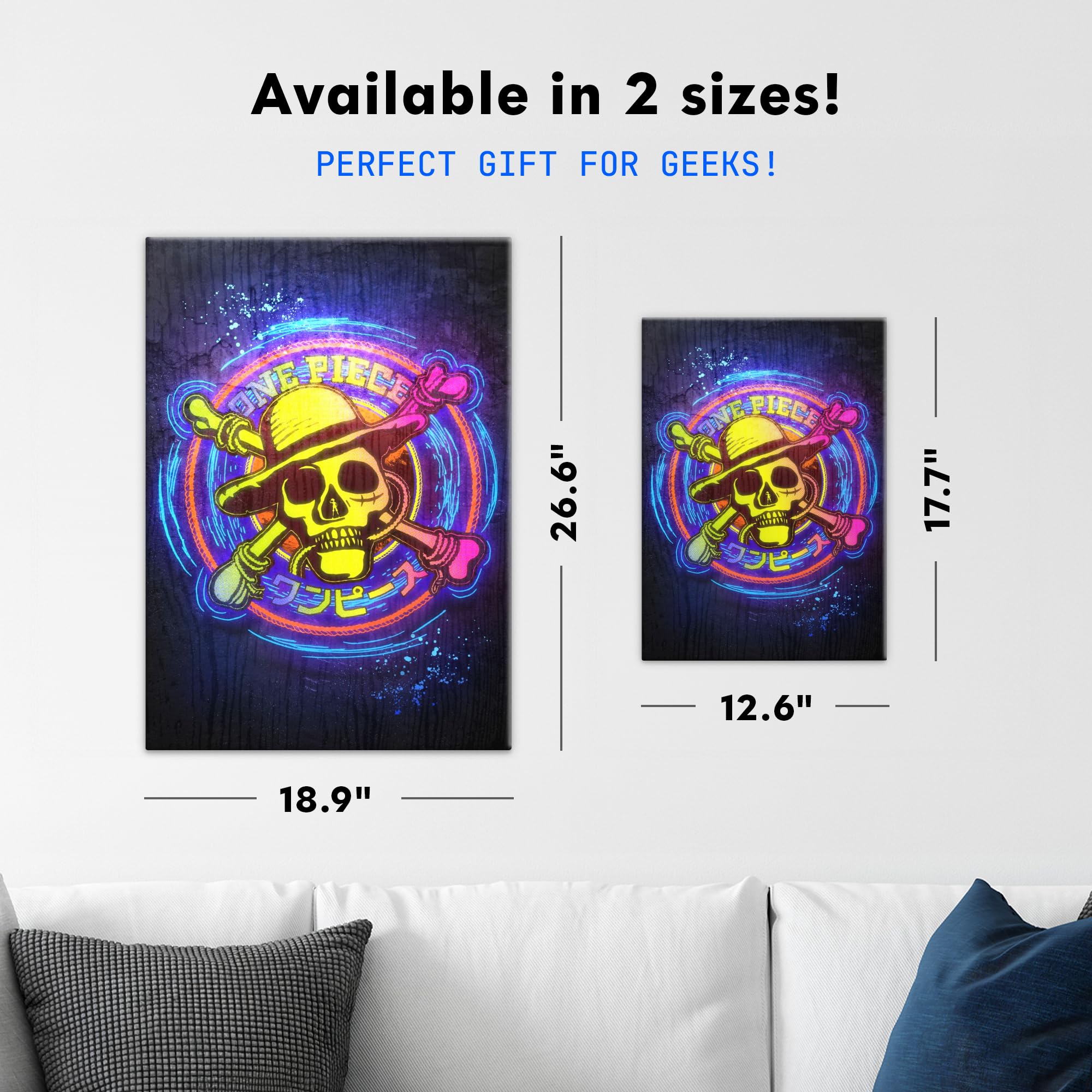 Displate Metall poster One Piece Live Action One Piece Neon Jolly Größe L | Bilder Wanddeko Wohnzimmer & Schlafzimmer Wandbilder, Geschenk. Wandkunst mit Magnet-Befestigung, ohne Bohren.