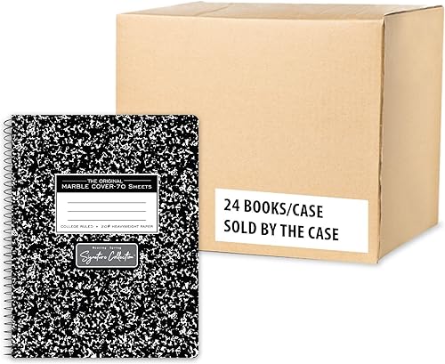 Roaring Spring Cuadernos de composición de la firma, caja de 24, espiral encuadernada, rayas universitarias, 70 hojas de papel blanco 20# de primera