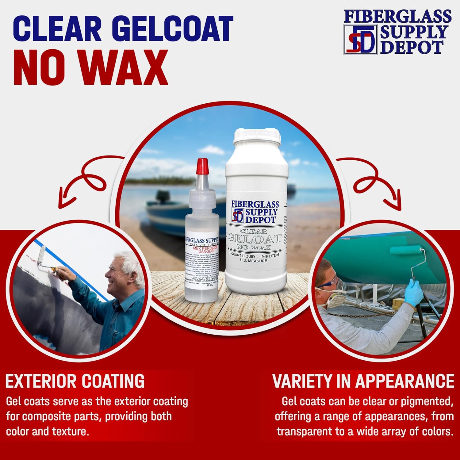 Fiberglass Supply Depot Clear Gelcoat Without Wax – UV-Resistant Marine Gelcoat for Interior & Exterior Use – Quart Kit with 15cc MEKP Hardener