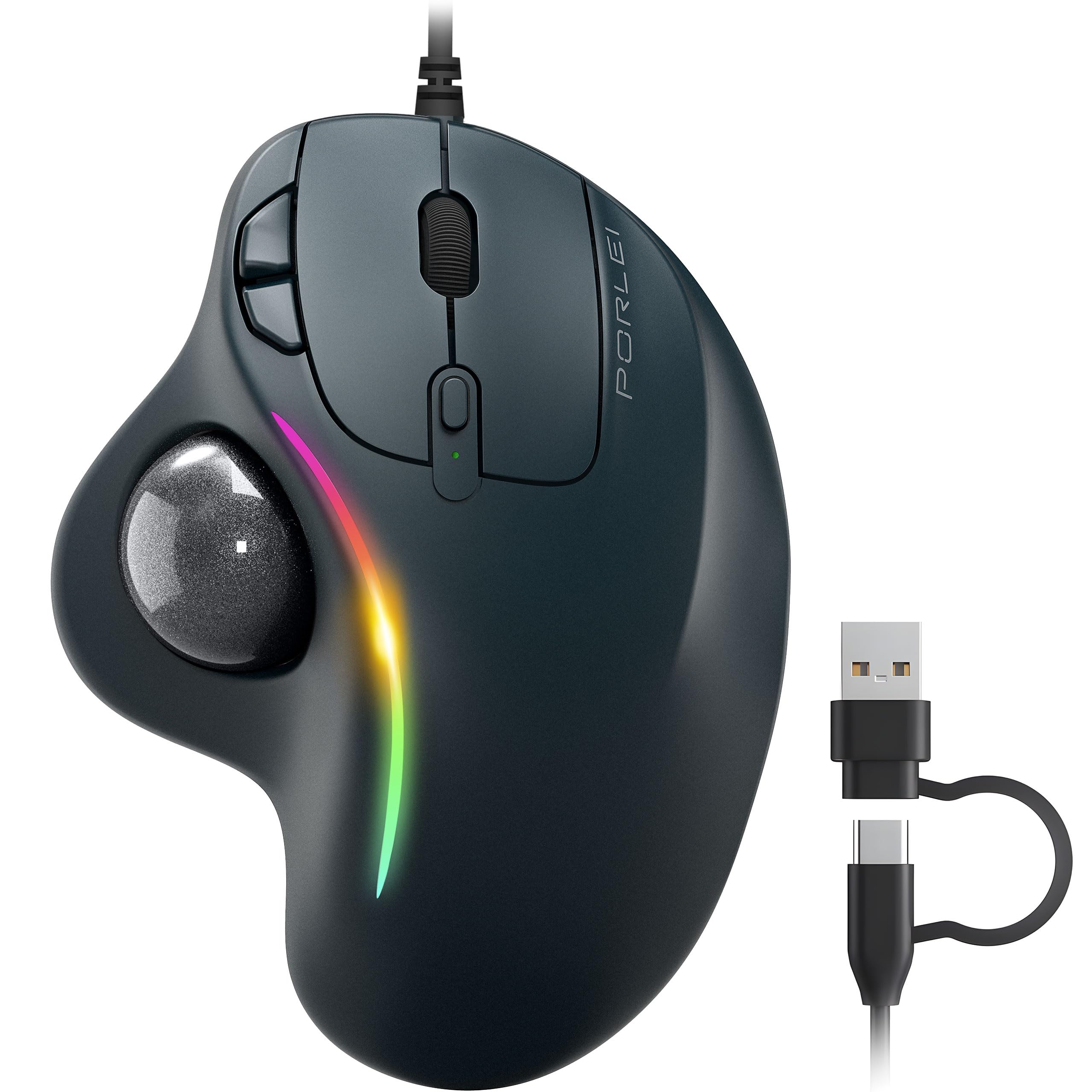 Trackball Mouse Wired, Ergonomic Comfort Design Reduces Muscle Strain, USB Plug&Play, Easy Thumb Control, Precision Tracking with 5 Adjustable DPI, RGB Rollerball Mouse Compatible for PC, Mac, Windows