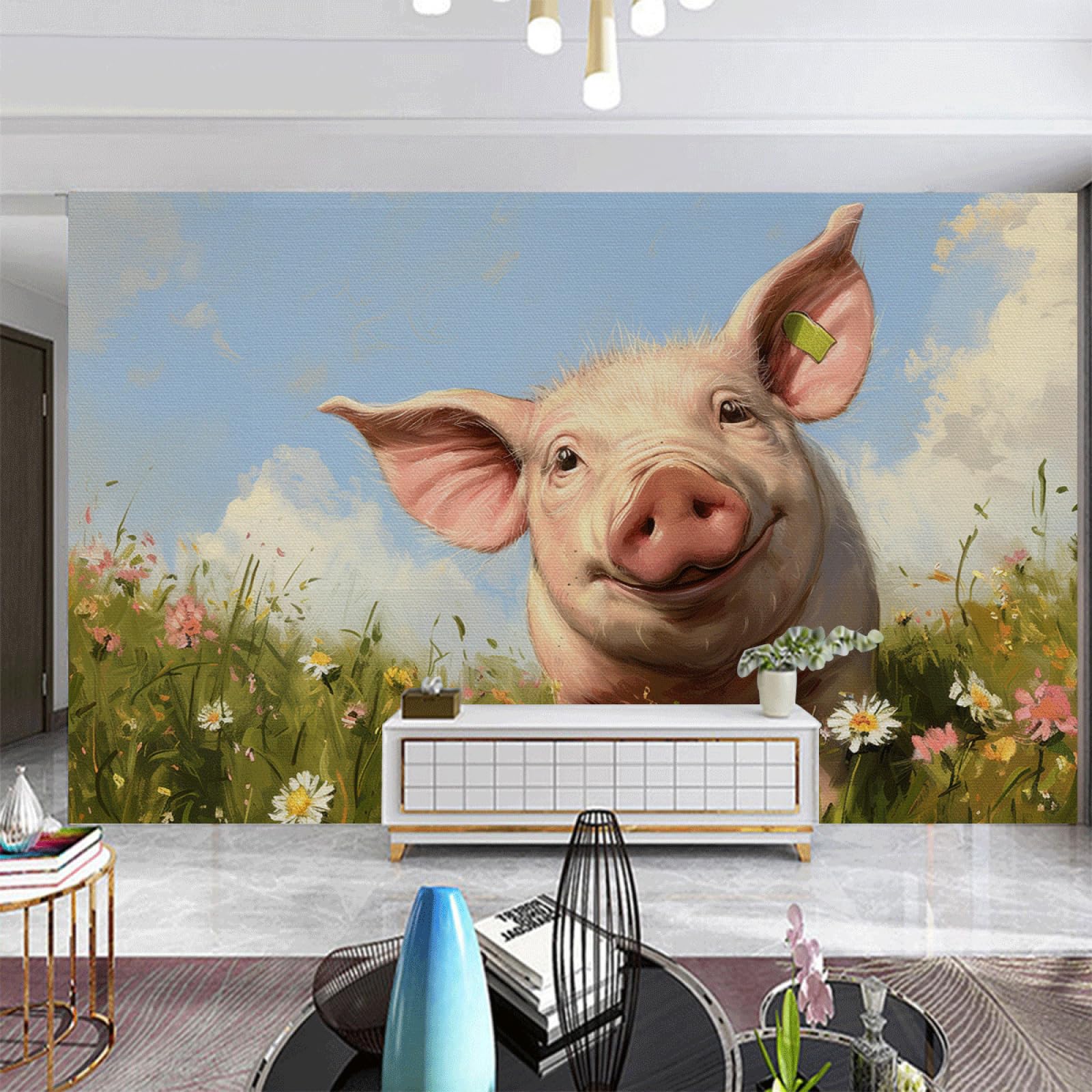 Papier Peint Panoramique en Soie Fleur de Cochon Rose, Tapisserie Murale Premium 274x254cm
