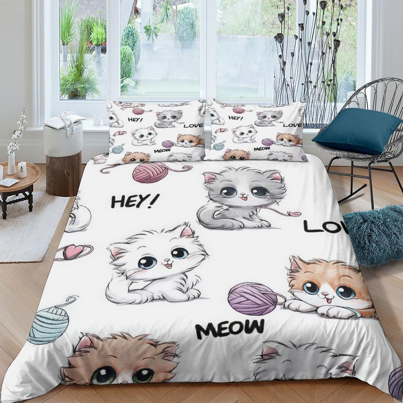 Ctjqhvkz Style-10 3D Printed Cute Cartoon Cat Fitted Sheet Microfiber Soft Anti-Slip Yarn Ball Bed Cover For Bedroom Dorm Decor Single（135X200cm）