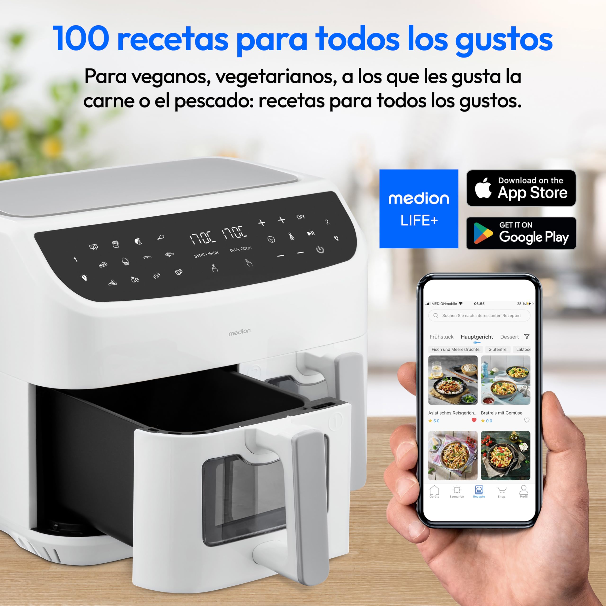 MEDION P20 XXL Freidora de Aire Doble Cesta MD11760 Blanco | 8,7 L, 2600 W, 10 Programas, 2 Cajones, Ventana, Air Fryer Dual XXL