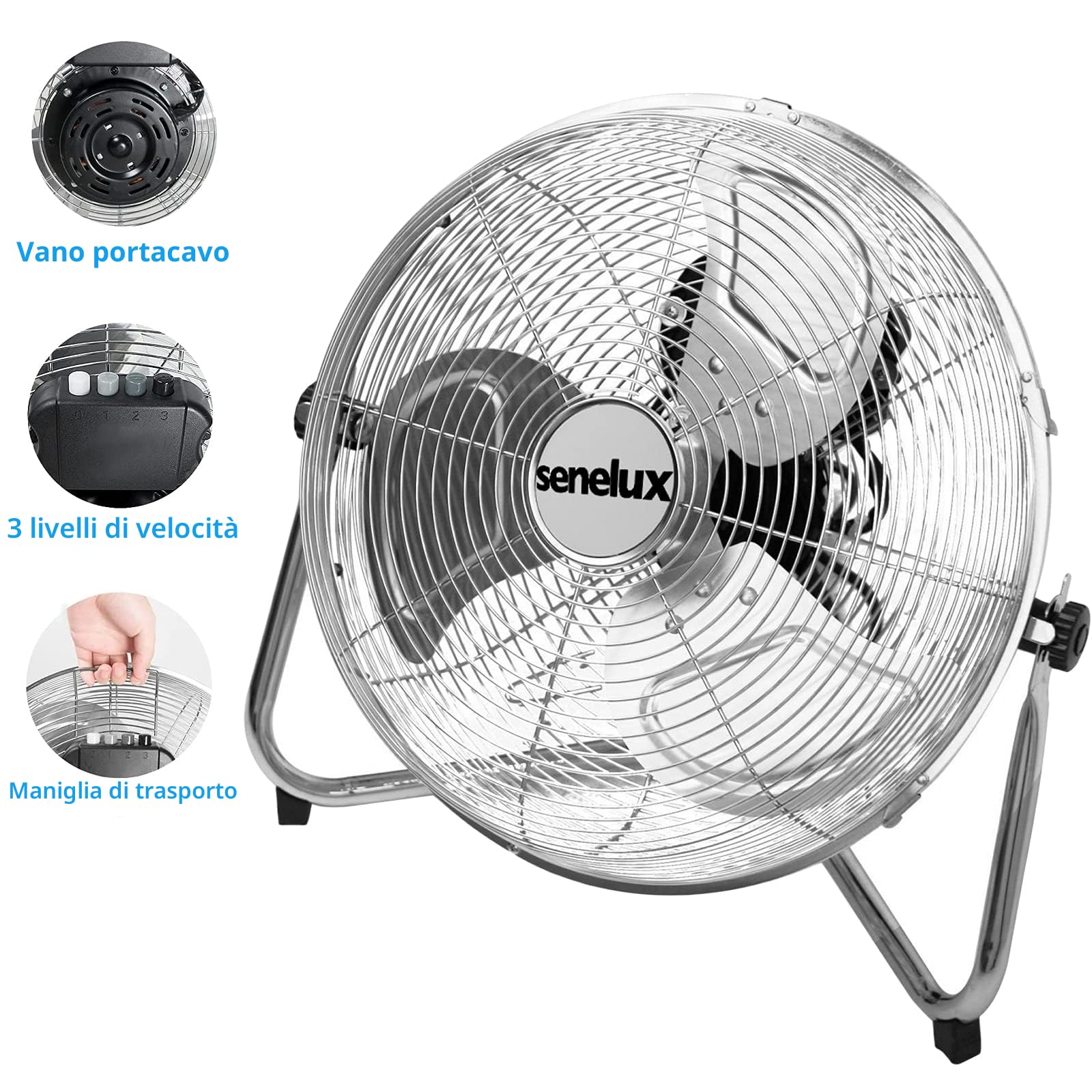 Senelux Ventilatore da pavimento, cromato da palestra, ventilatore da, elettrico portatile, per uso domestico/palestra/ufficio, 3 impostazioni di velocità con funzione di inclinazione