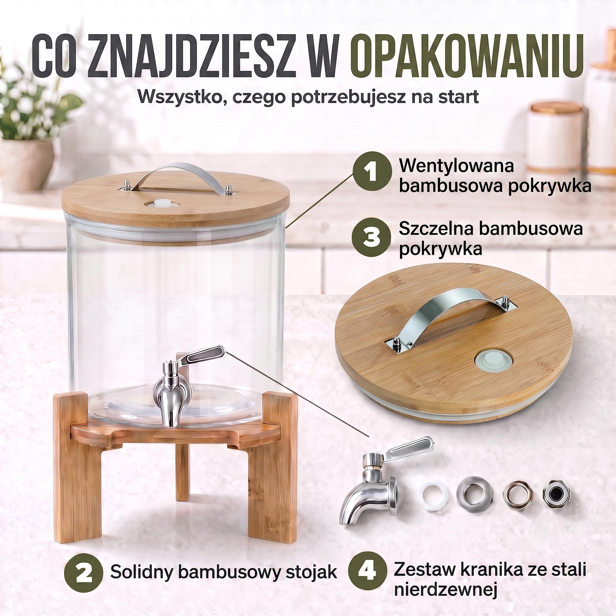 Dimono® Szklany Dozownik do Napojów 5 l z Kranem | Żaroodporne szkło borokrzemowe, kran ze stali nierdzewnej, bambusowy stojak 12 cm i pokrywka