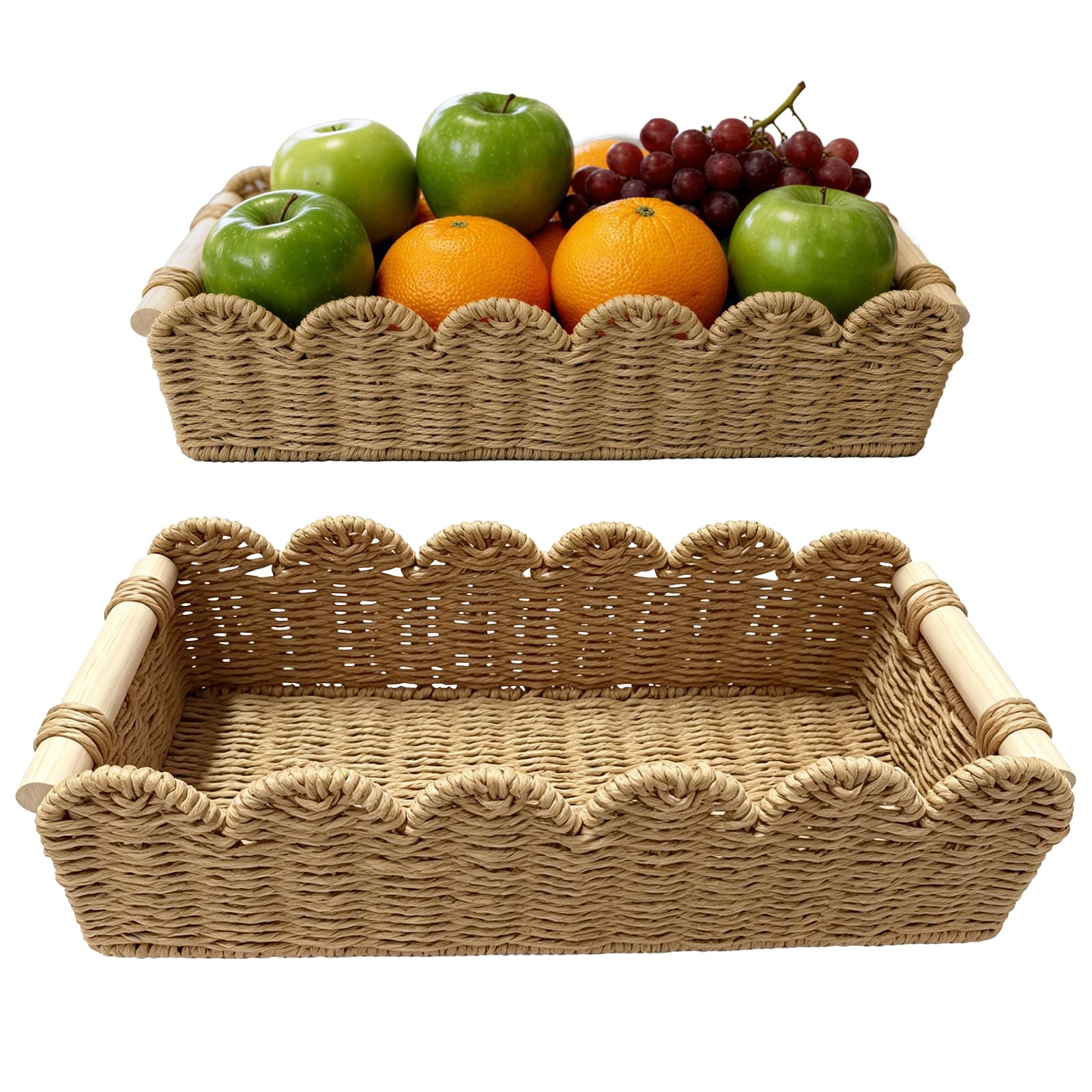 2 PCS Beige Paper Rope Storage Basket Set, Hand-Woven Scalloped Woven Organizer Bins with Wooden Handles, Decorative Nesting Wicker Tray for Desktop Fruit Snacks Toiletries, Large & Small