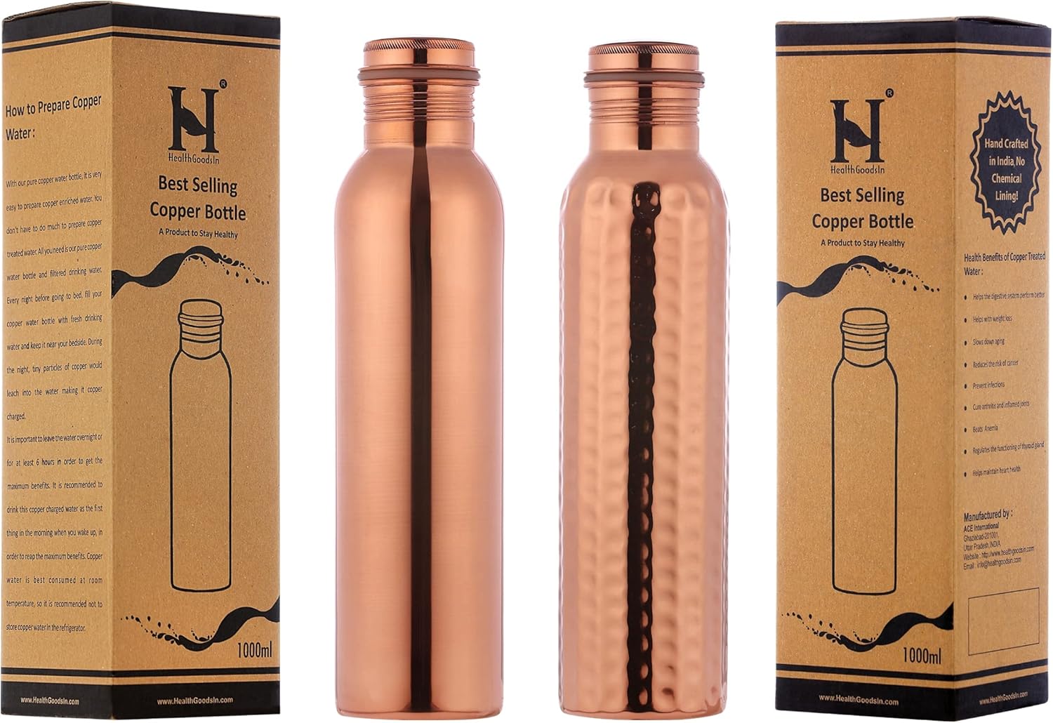Copper Bottles Set of 2, 1000 ML, UNLINED, UNCOATED and LACQURE FREE made of Pure Copper for Ayurvedic Health Benefits