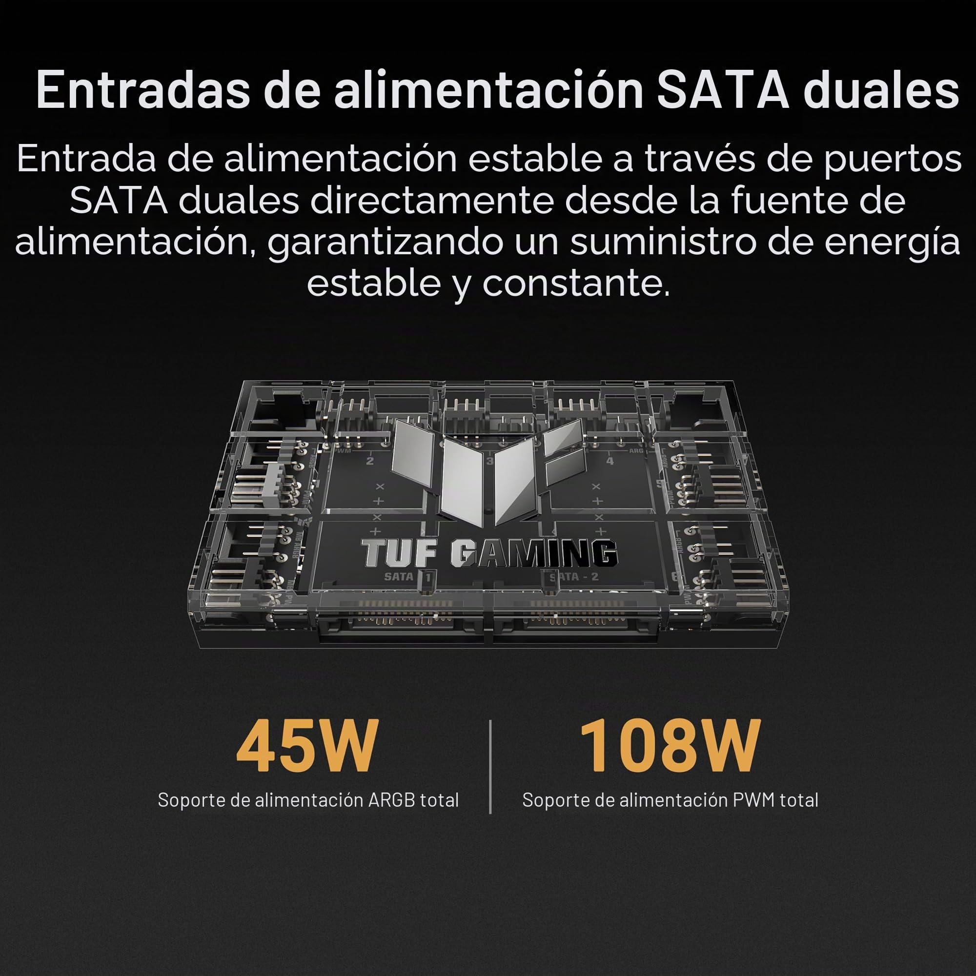 ASUS TUF Gaming ARGB PWM Fan Hub (conecta seis ventiladores de carcasa, ventilador PWM y controlador RGB, indicadores claros de alimentación y operación, soporte de alimentación SATA dual estable)