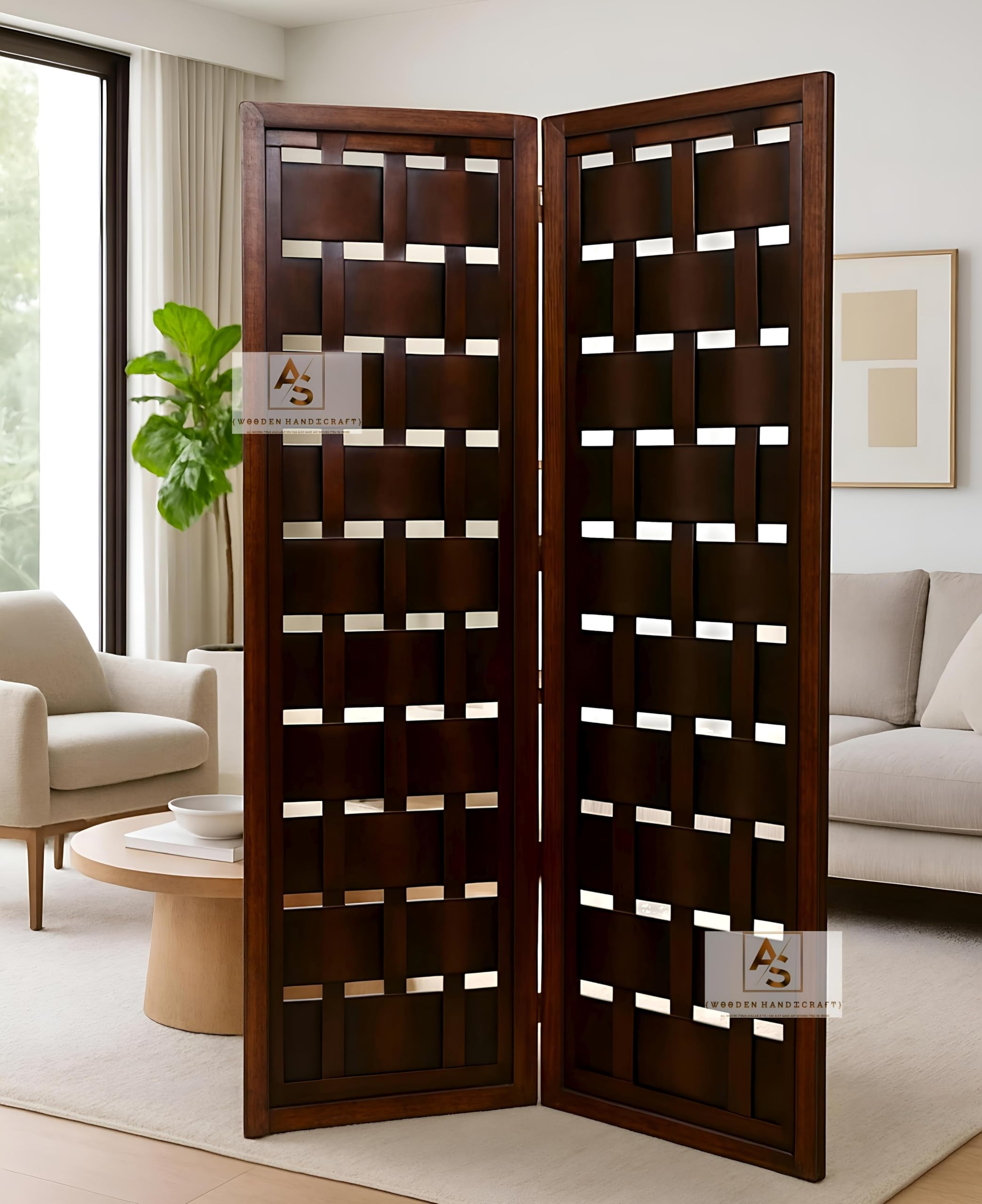 AS Wooden Handicraft Partition for Living Room,Divider,Partition Wall Divider Screen Separator, Wall Panel Divider for Hall | Bedroom |Office | Puja Room | Restaurant Net Look (6 Feet -2 Panels)-image-23