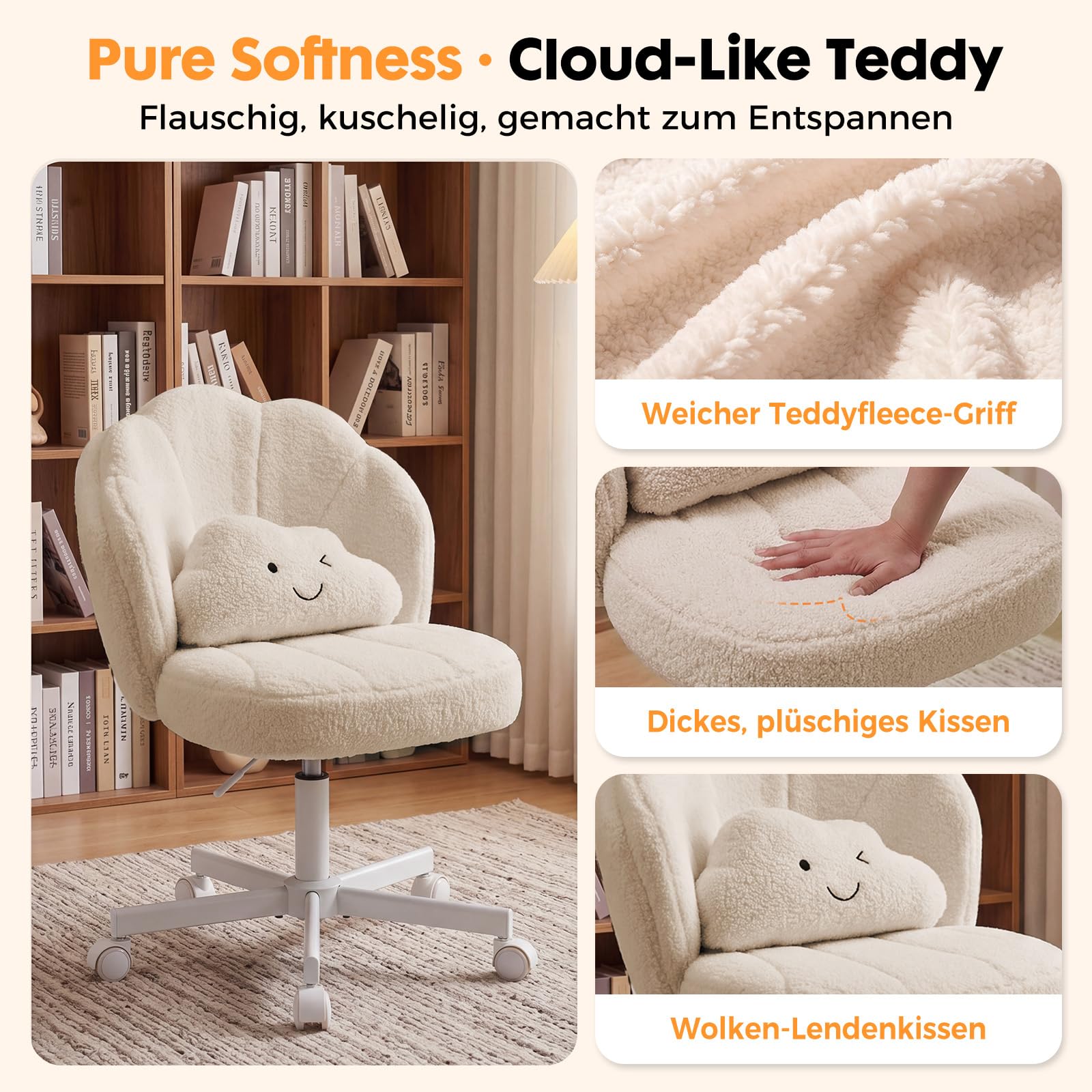 COMHOMA Schminkstuhl mit Rollen in Blütenform, Schreibtischstuhl mit Doppelter Rückenlehne und Wolkenkissen, Höhenverstellbarer Drehstuhl, Bürostuhl für Schlafzimmer, Homeoffice, Teddystoff, Beige