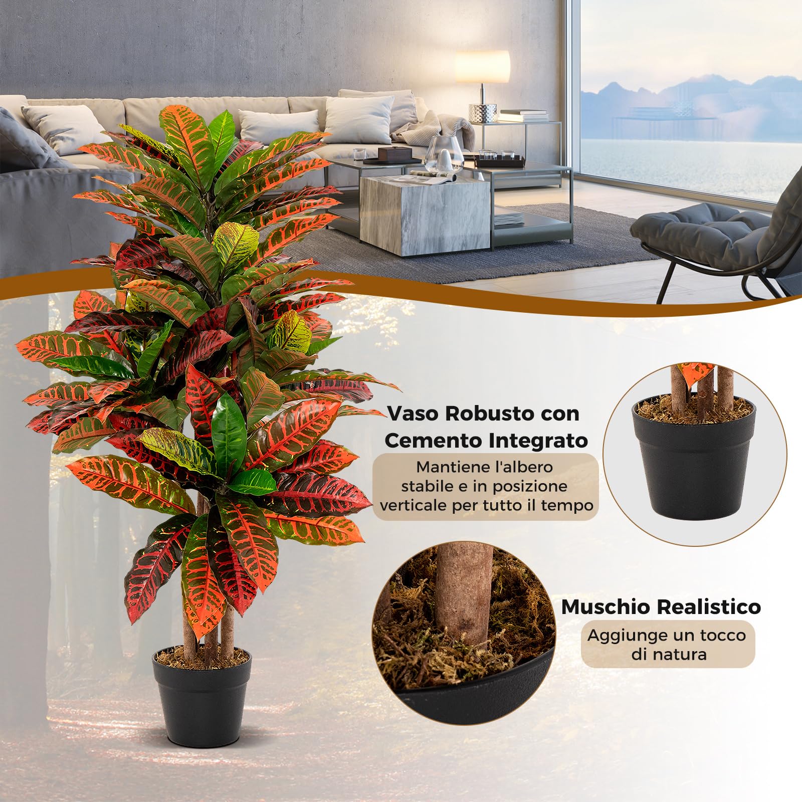 COSTWAY Pianta Artificiale di Croton 100 CM, Albero di Croton Finto con Foglie Variopinte, Tronco Naturale in Legno, Pianta Finta Realistica per Ufficio e Casa