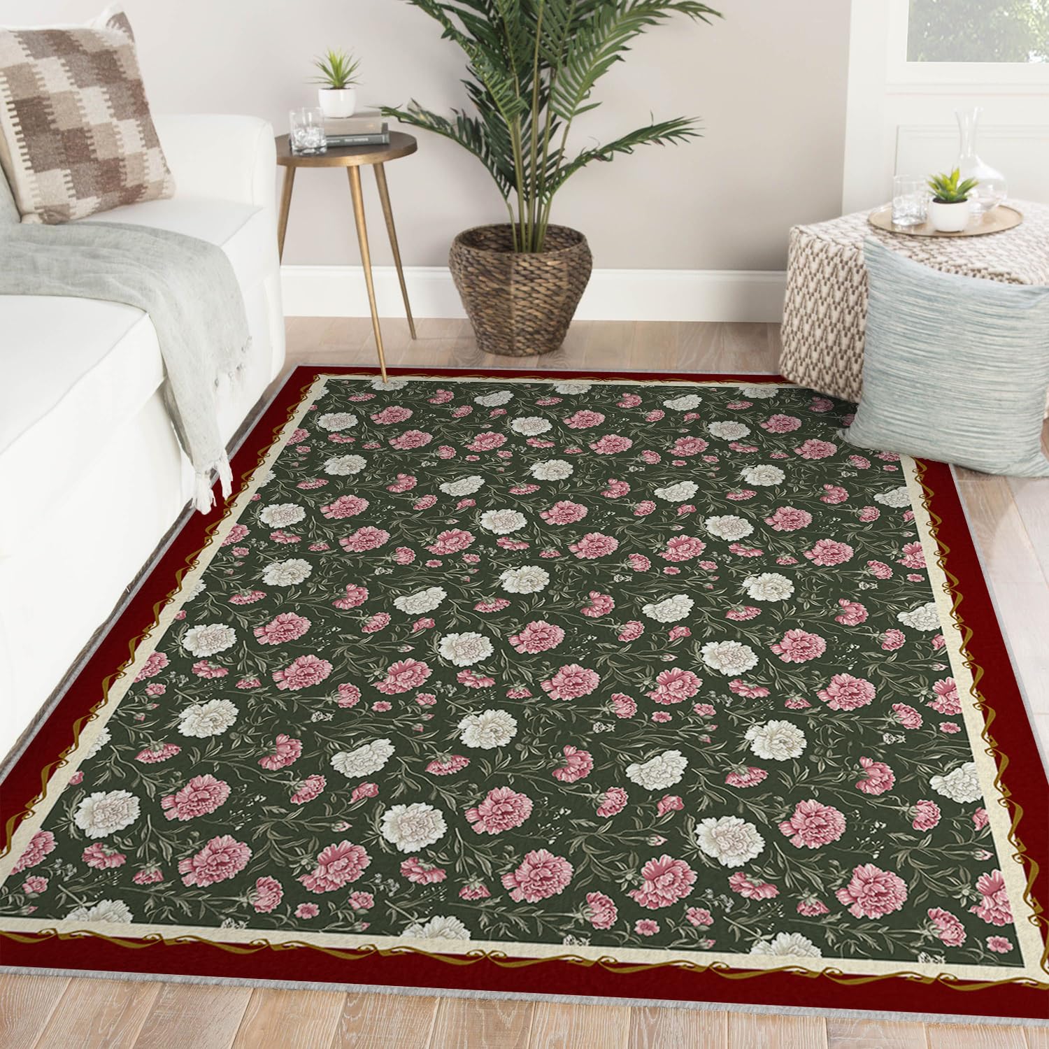 Zmywalne dywaniki do salonu różowe i białe wzory goździków miękki antypoślizgowy kwiatowy dywan boho do jadalni 180 x 270 cm